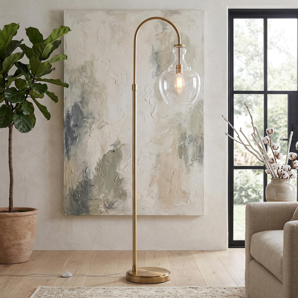 Inspired Arco Style Arc Floor Lamp with Glass Shade in Brass/Clear, Floor Lamp