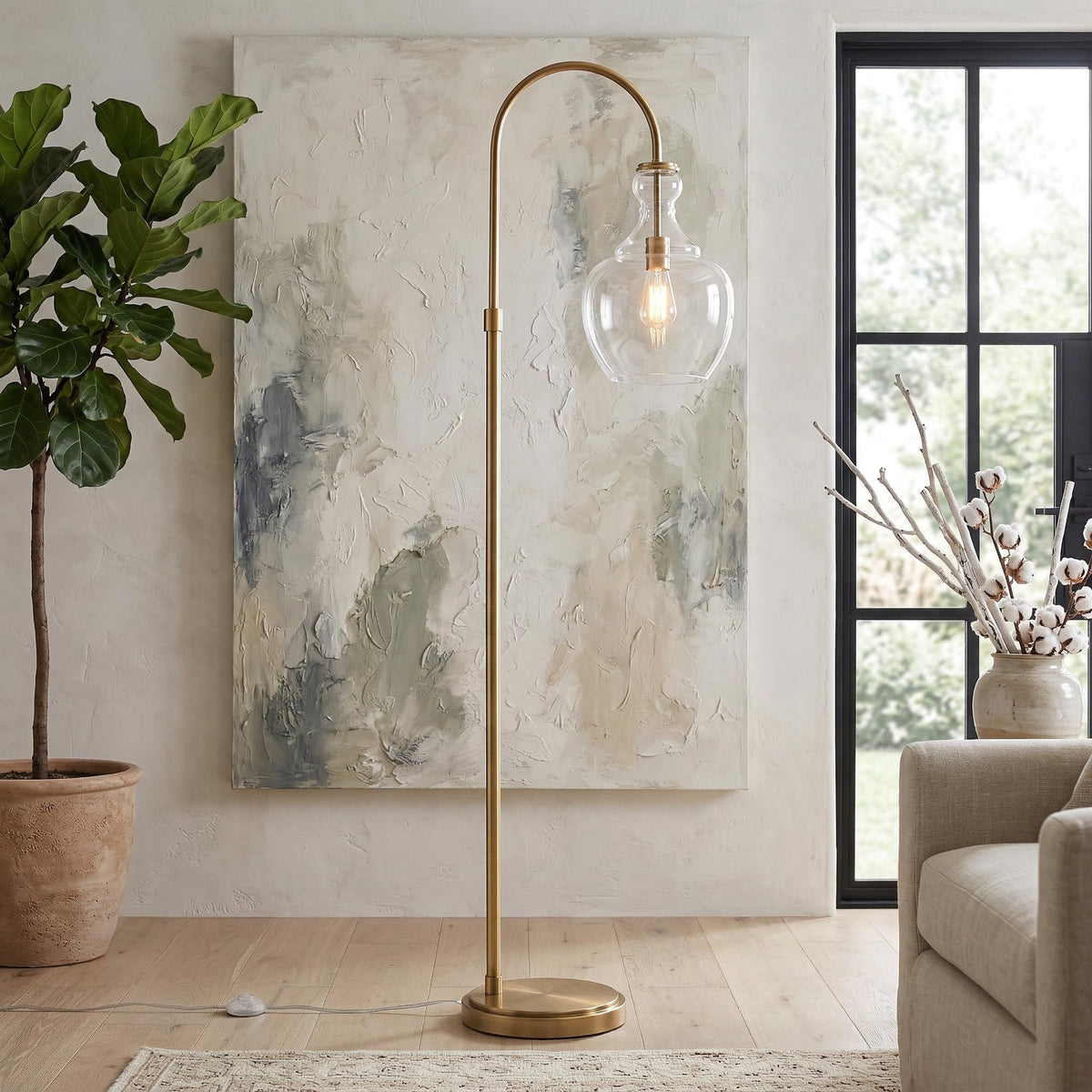 Inspired Arco Style Arc Floor Lamp with Glass Shade in Brass/Clear, Floor Lamp