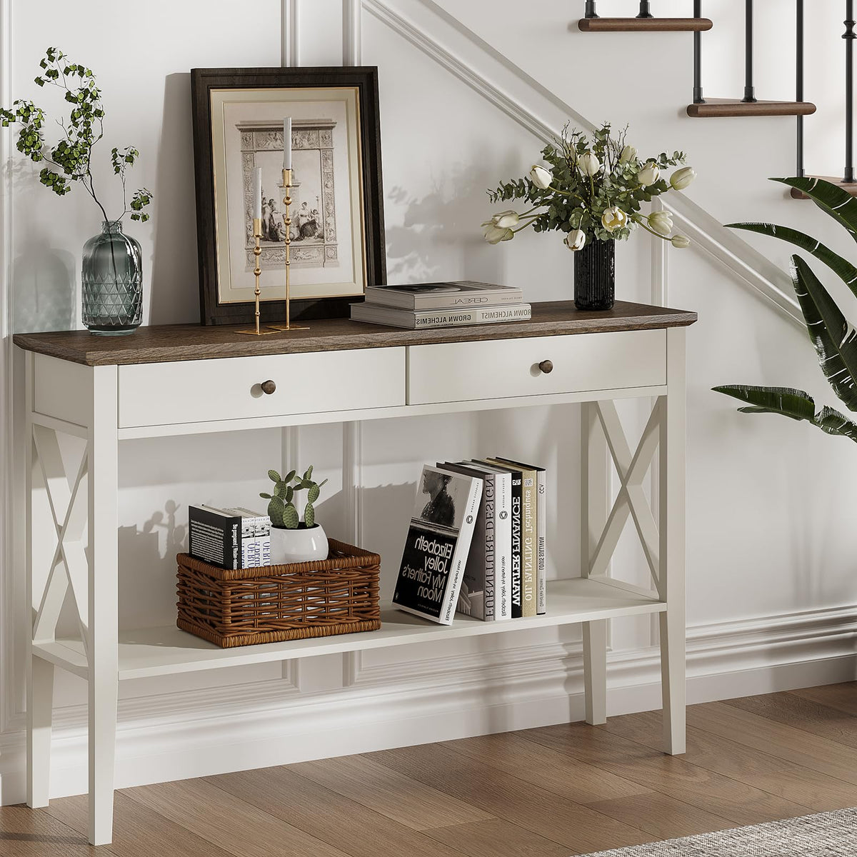 47" Farmhouse Entryway Table with Drawers and Storage Shelf