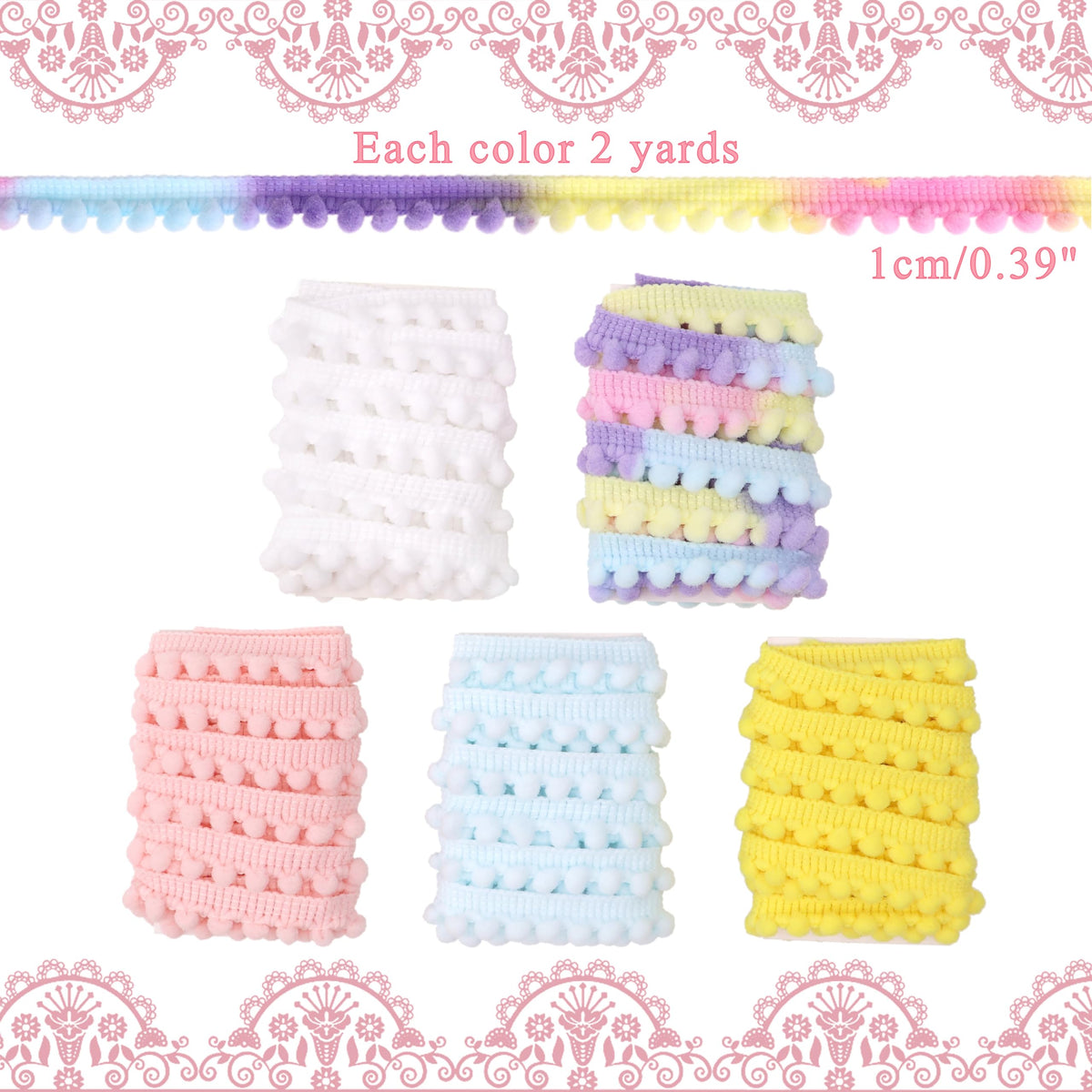 Mini Pom Pom Trim, 3/8 inch Tiny Edge Trim Narrow Ball Fringe Ribbon Decoration for DIY Crafts Doll Clothes - 10 Yards
