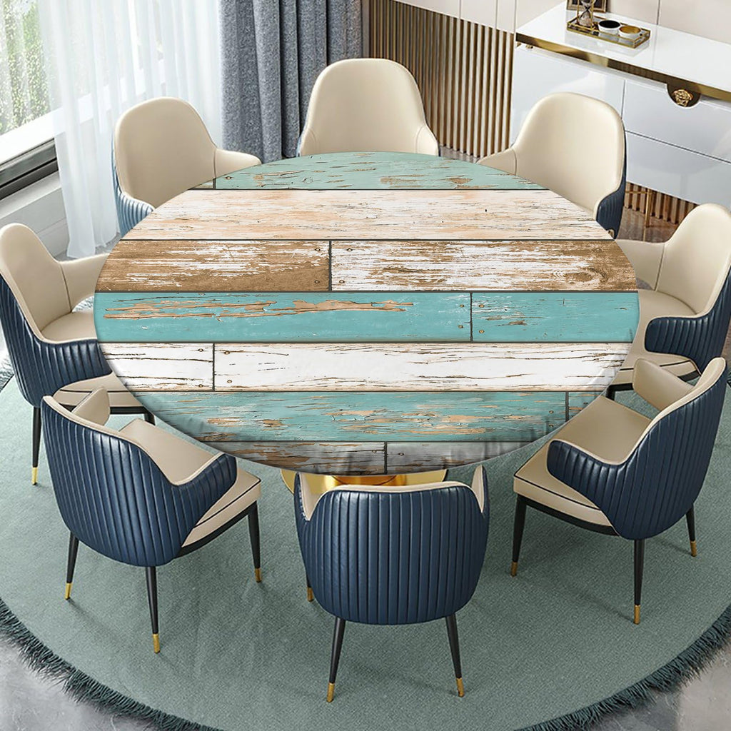 Round Fitted Table Cover Wood Grain, Farmhouse Outdoor Elastic Edge Tablecloth for Party Dining Home Picnic Fits