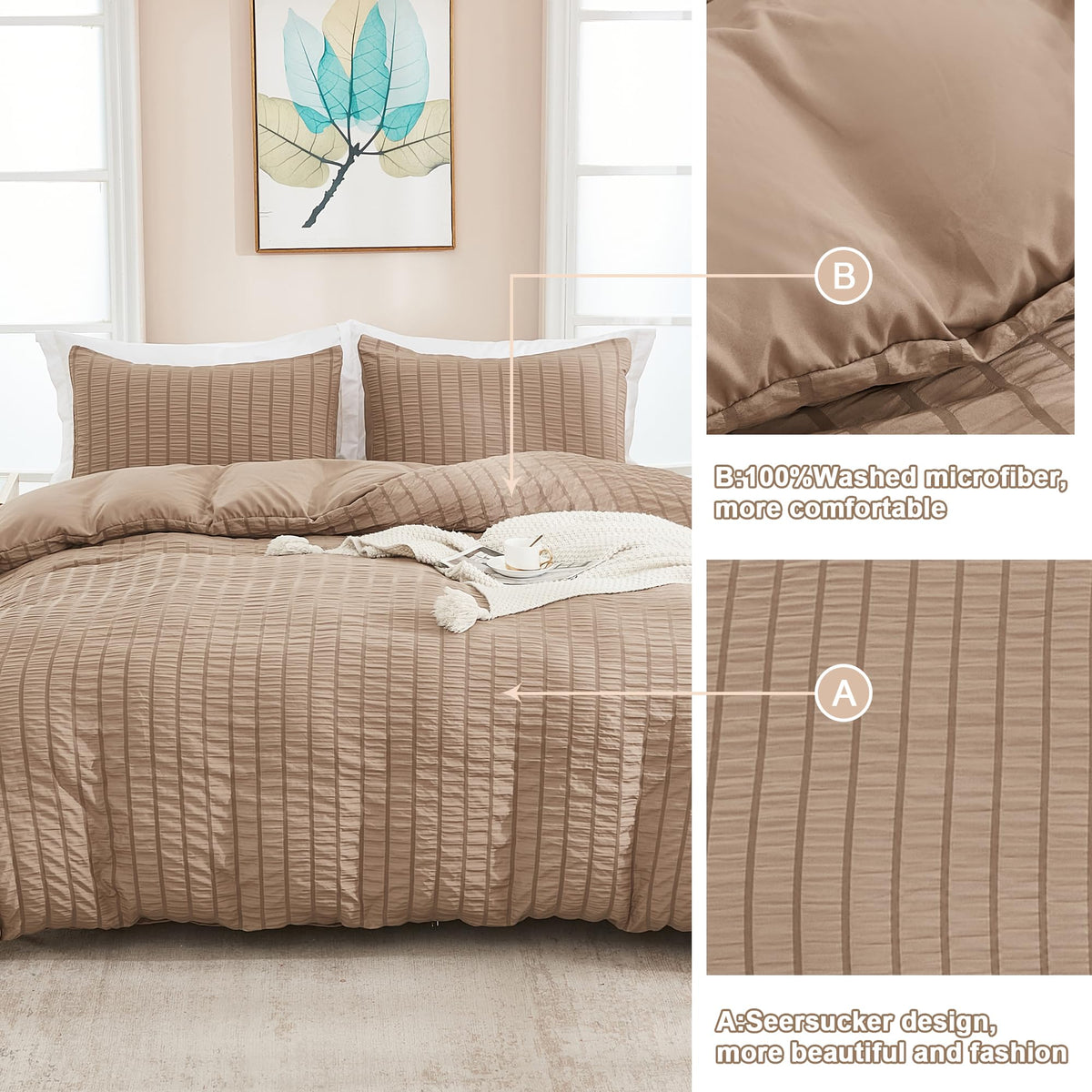 Taupe Duvet Cover (104 x 90 inches), 3 Pieces (1 Duvet Cover, 2 Pillow Cases), Seersucker Striped Soft Washed