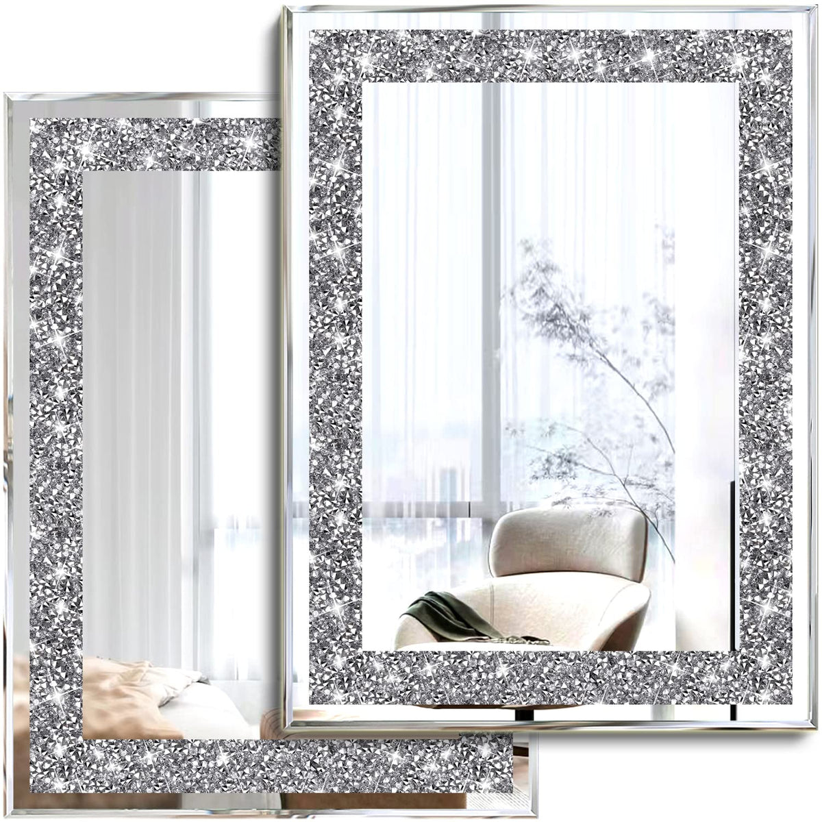 2 Piece Wall Mirrors, Crush Diamond Wall Décor Silver Decorative Mirrors . (11"x15")