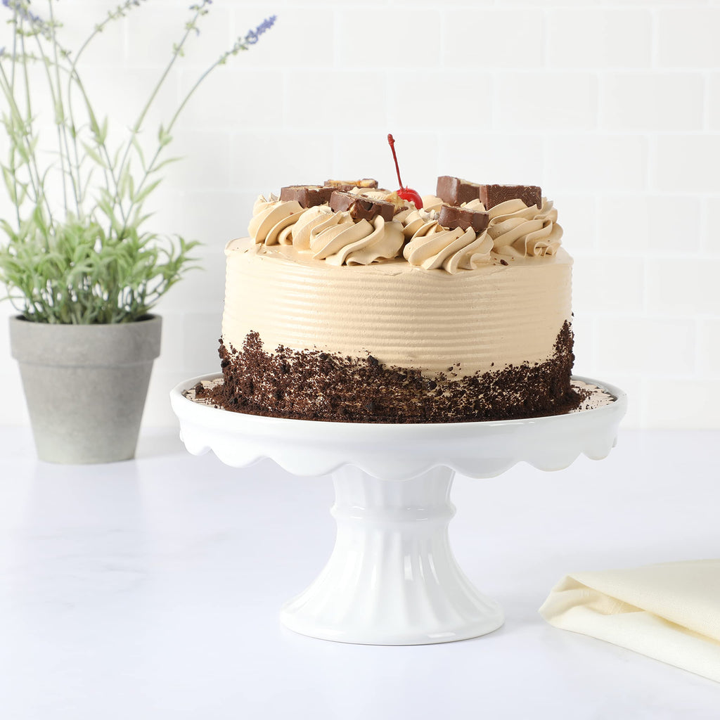 Patterson 10" Round White Stoneware Pedestal Cake Stand, 5.1" Tall - Fits 9" Cakes | Elegeant Display Plate Stand for