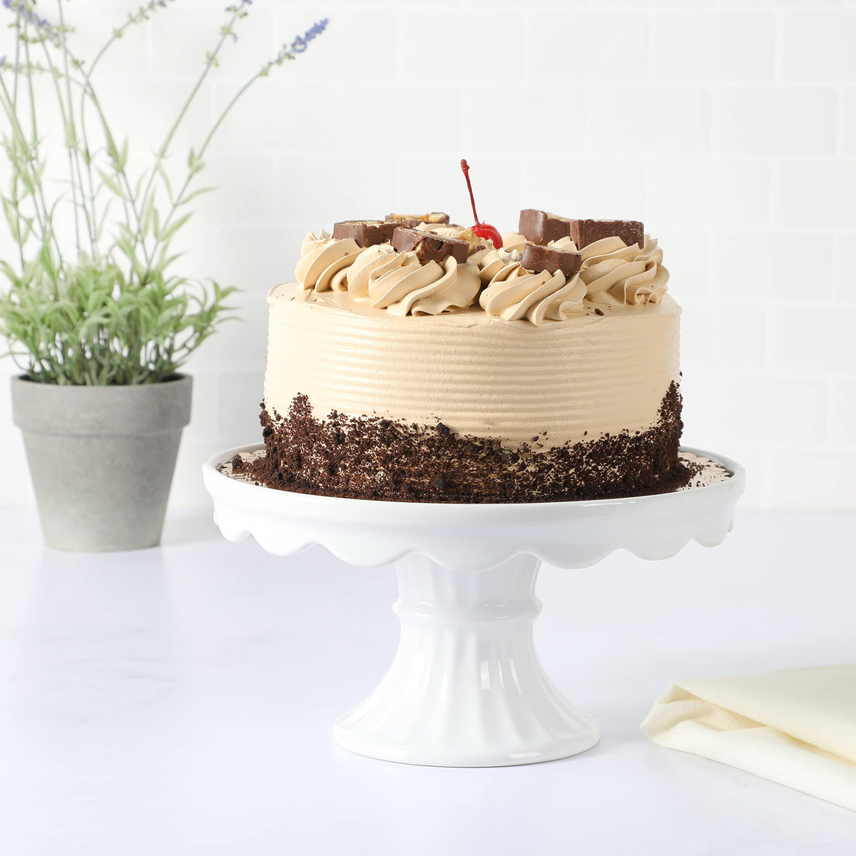 Patterson 10" Round White Stoneware Pedestal Cake Stand, 5.1" Tall - Fits 9" Cakes | Elegeant Display Plate Stand for