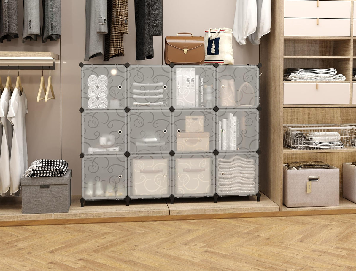 12 Cube Storage Organizer, Closet Storage Shelves with Doors, Black
