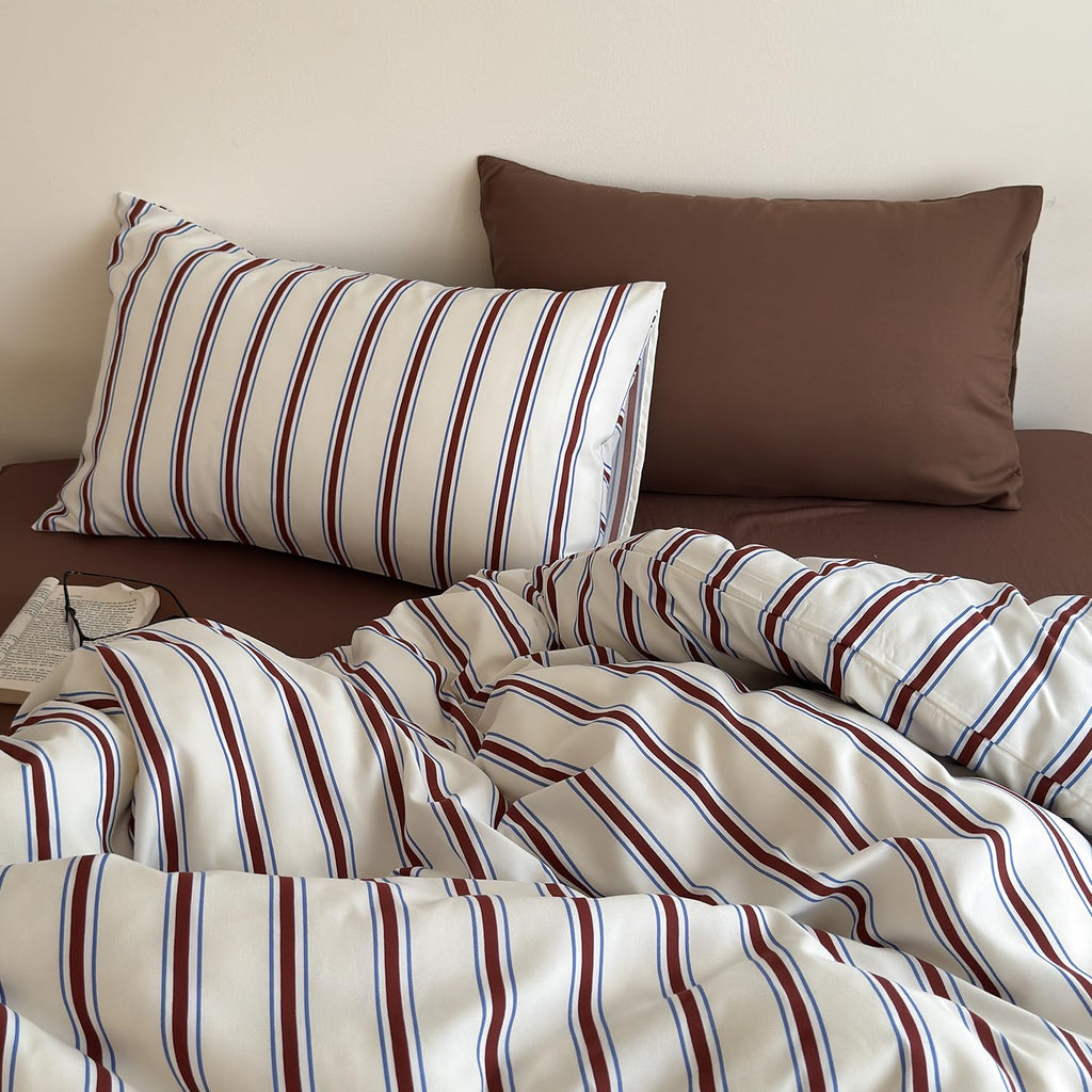 Retro Striped Duvet Cover - 3-Piece Vintage Red Brown & Blue Stripes Printed Duvet Cover Set, Soft Washed