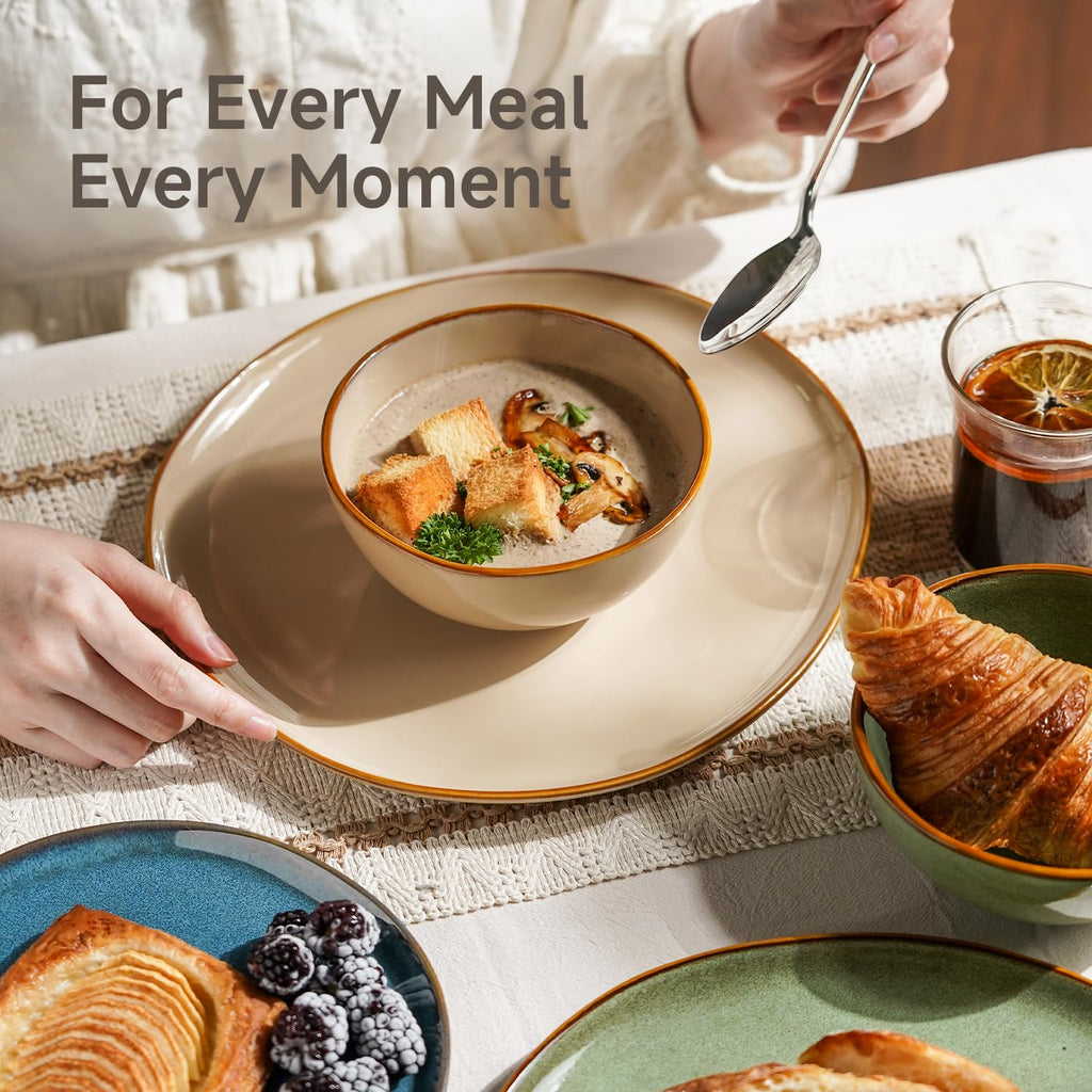 Stoneware Dinnerware Sets for 4, Reactive Glaze Plates and Bowls, Beige