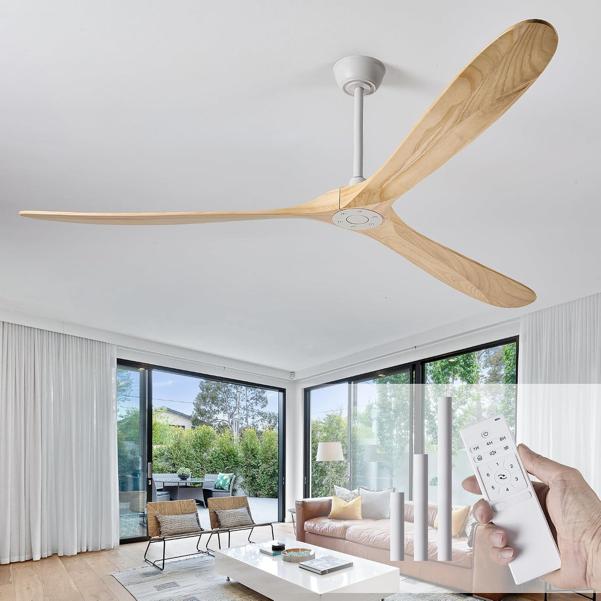 Inspired Maverick Style 84" Ceiling Fan No Light, 3 Solid Wood Blades, White Motor, Quiet Reversible DC Motor with Remote Control