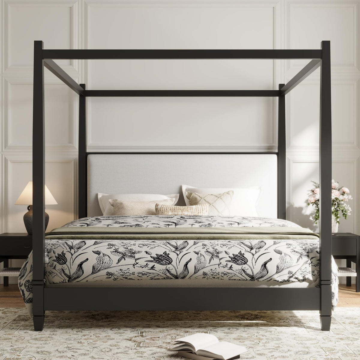 Cara Wooden Canopy Bed Frame with Headboard, 4 Poster Platform Bed Frame with Wooden Slat Supports and