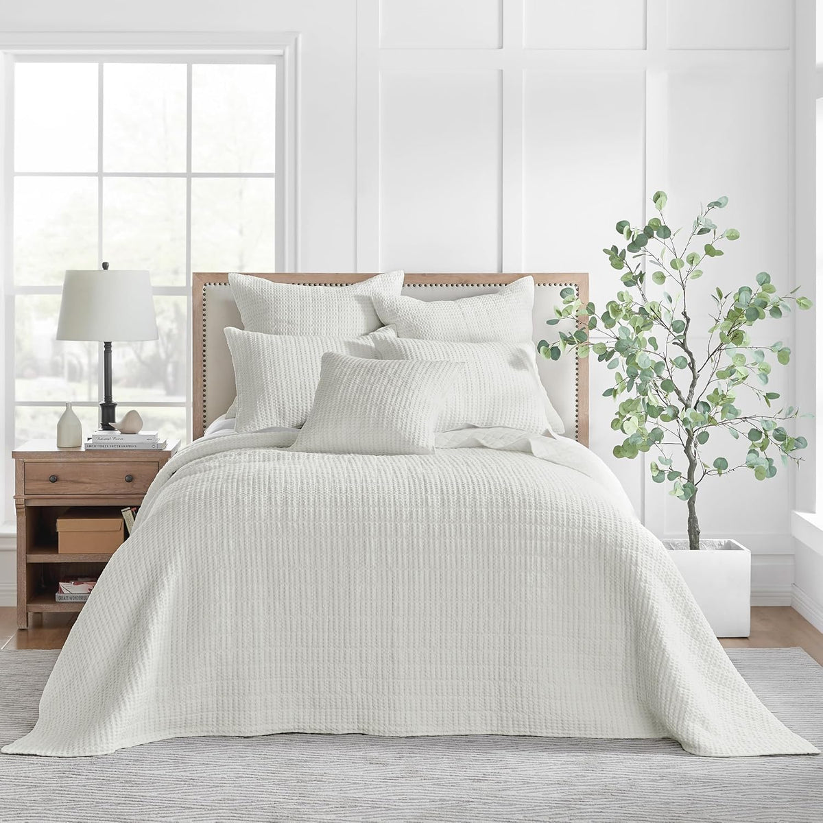 Bedspread Set with Pillow Shams - Cream - Cotton Waffle Bedspread Set