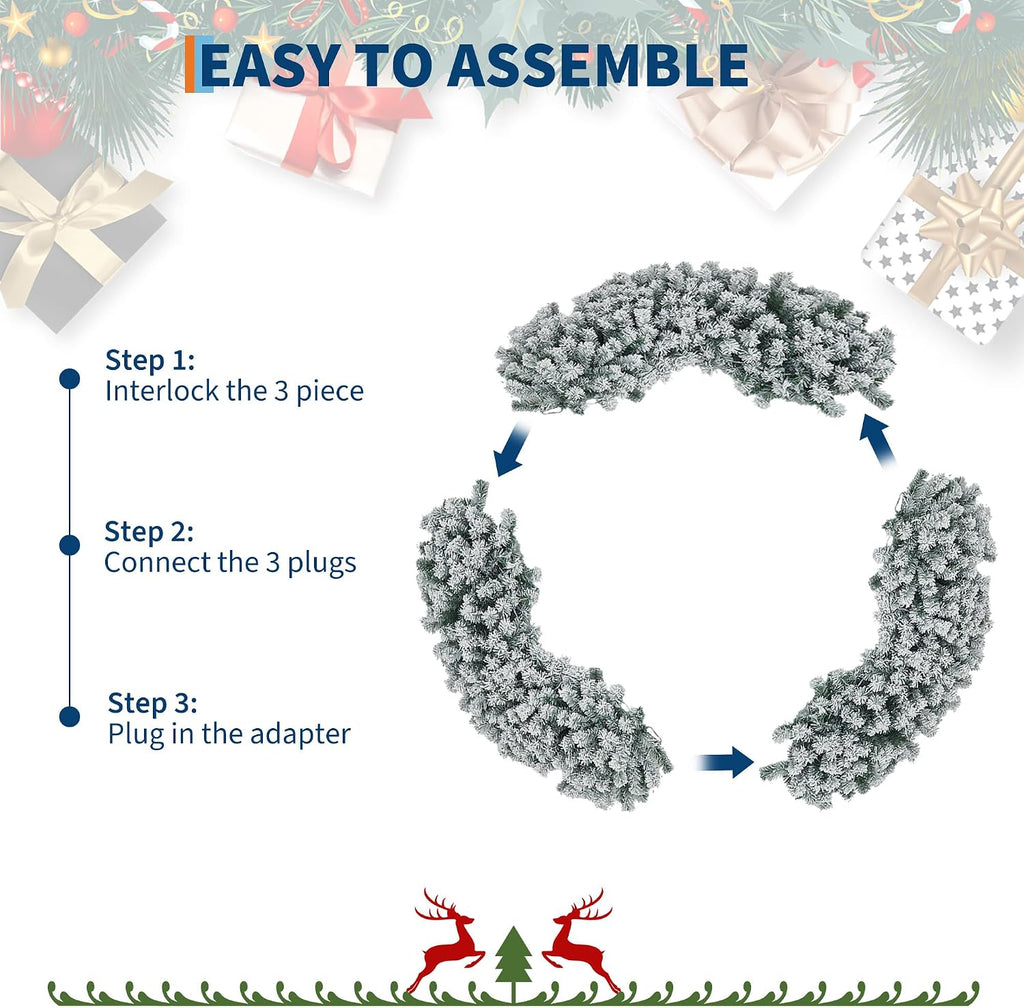 48-Inch Pre-Lit Flocked Artificial Christmas Wreath with Red Bow & Warm White LED Lights - Weather-Resistant PVC