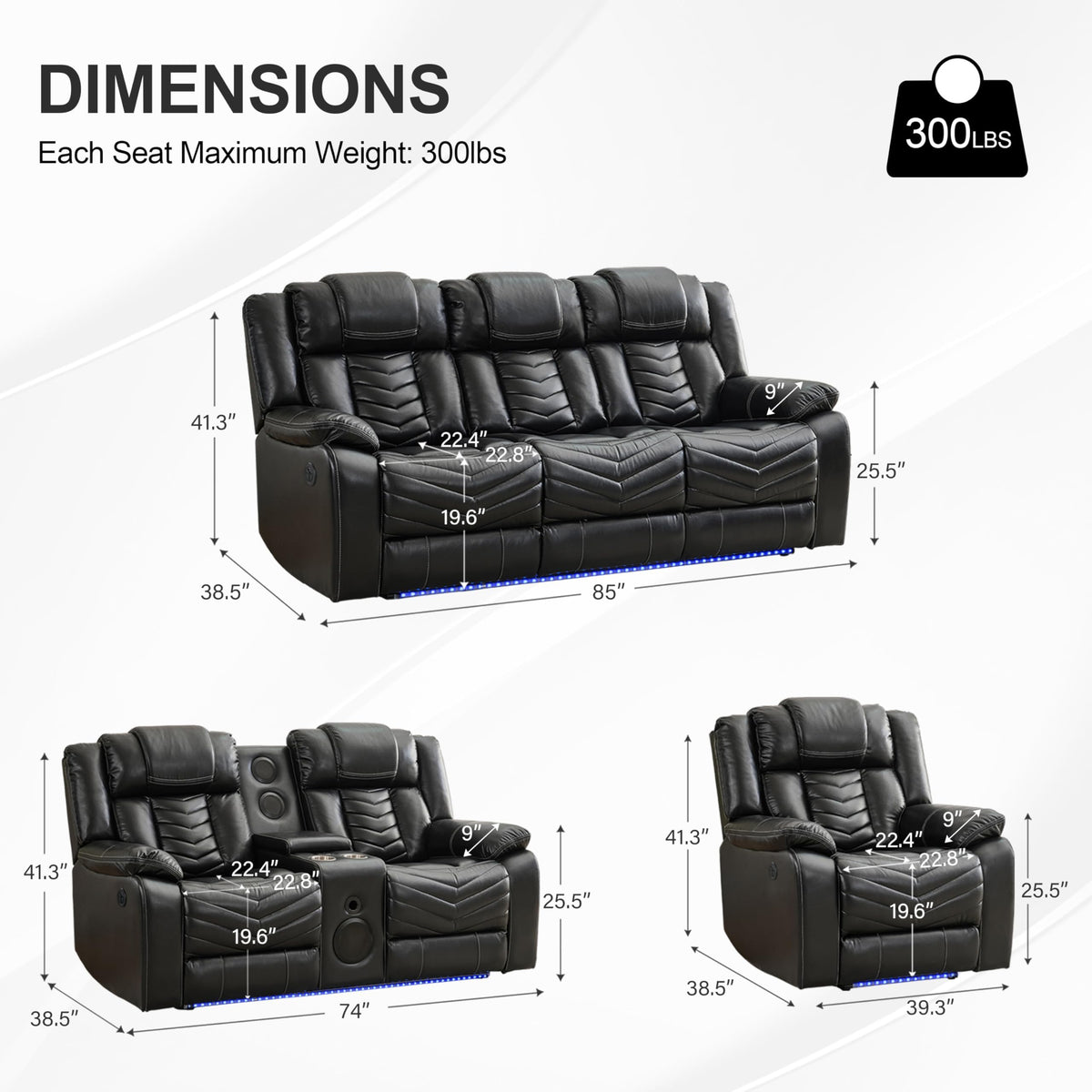 Power Recliner Sofa Set with Zero Gravity, Bass Speaker, Wireless Charger, USB/Type-C Ports, LED Lights, Cup Holders, Faux