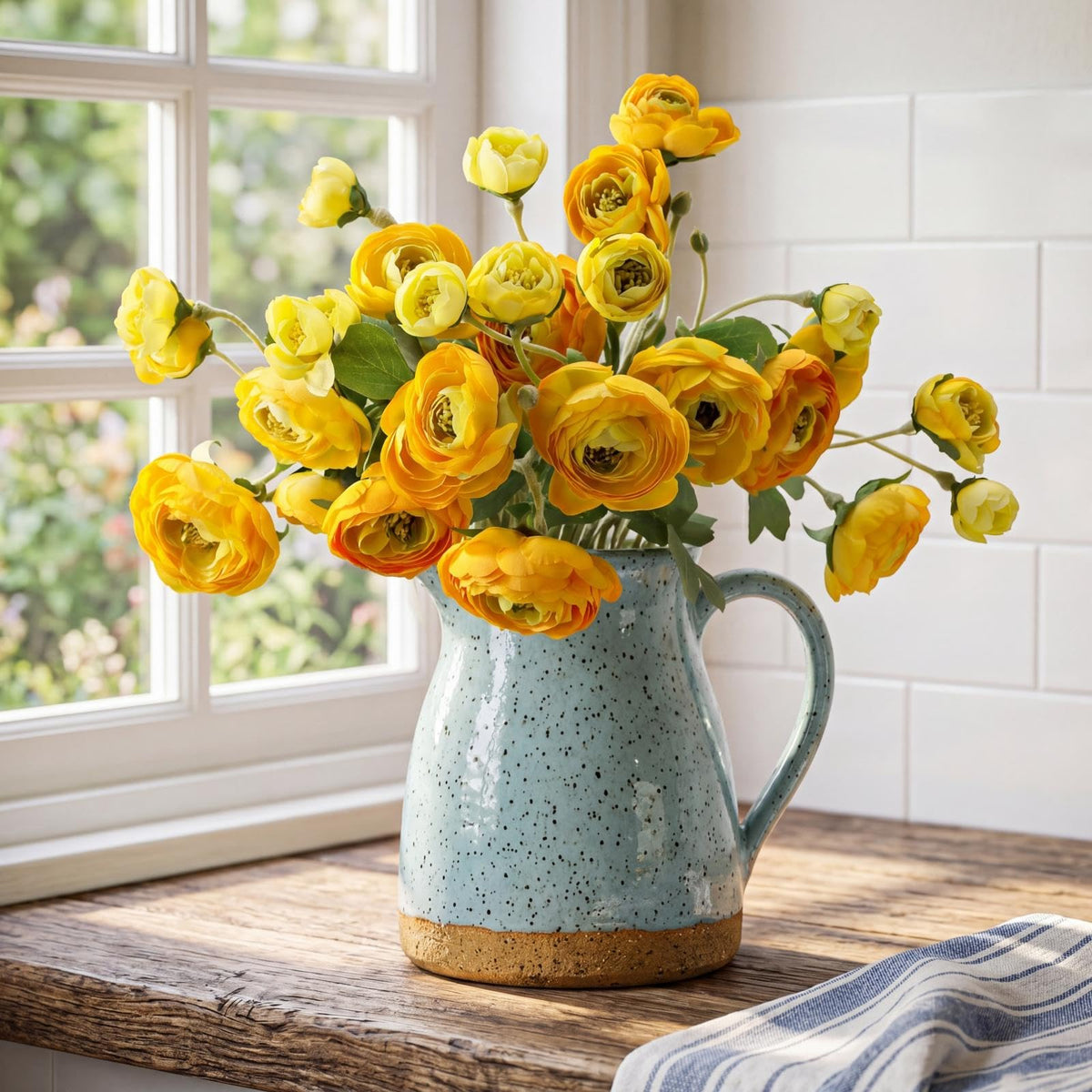 4 Pcs 7 Heads Artificial Ranunculus Flowers 18.5" Yellow Velvet Flocked Fake Ranunculus Faux Silk Flower Bouquets