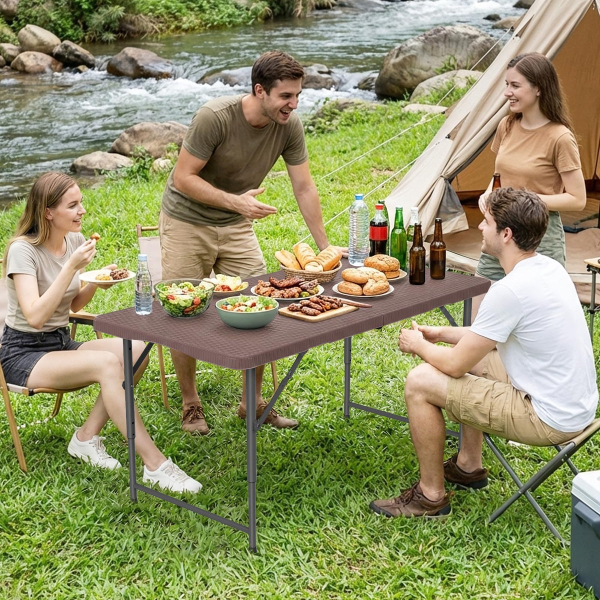 4 FT Folding Table, Heavy Duty Plastic Foldable Table with Carrying Handle, Adjustable Height Portable Party Tables