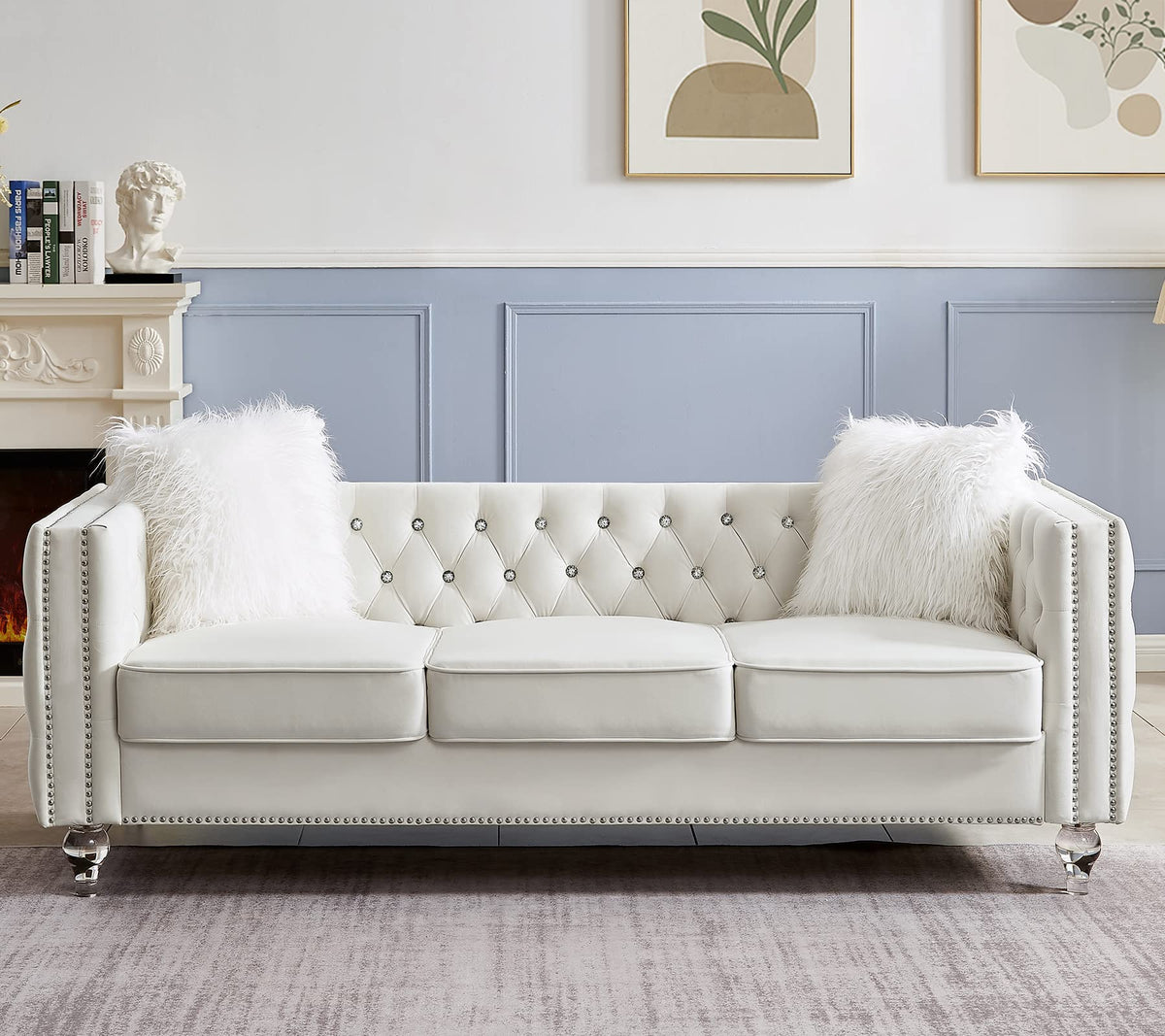 3 Seater Sofa Couch with Buttons and Square Arms 83.07 Inch Tufted 3-seat Sofas with Trimmed Nailhead and Acrylic