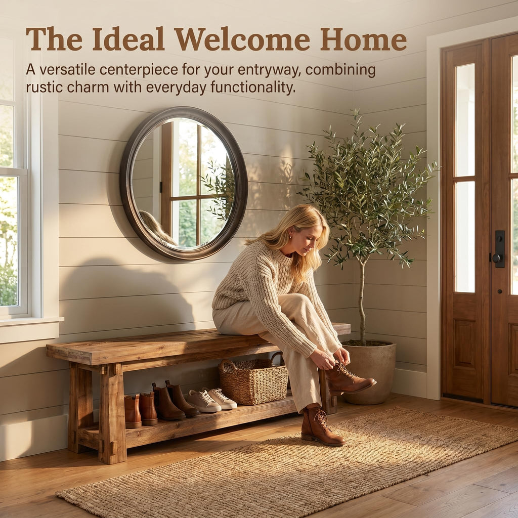 55" Wood Entryway Bench with Shoe Storage, Rustic Dining Bench