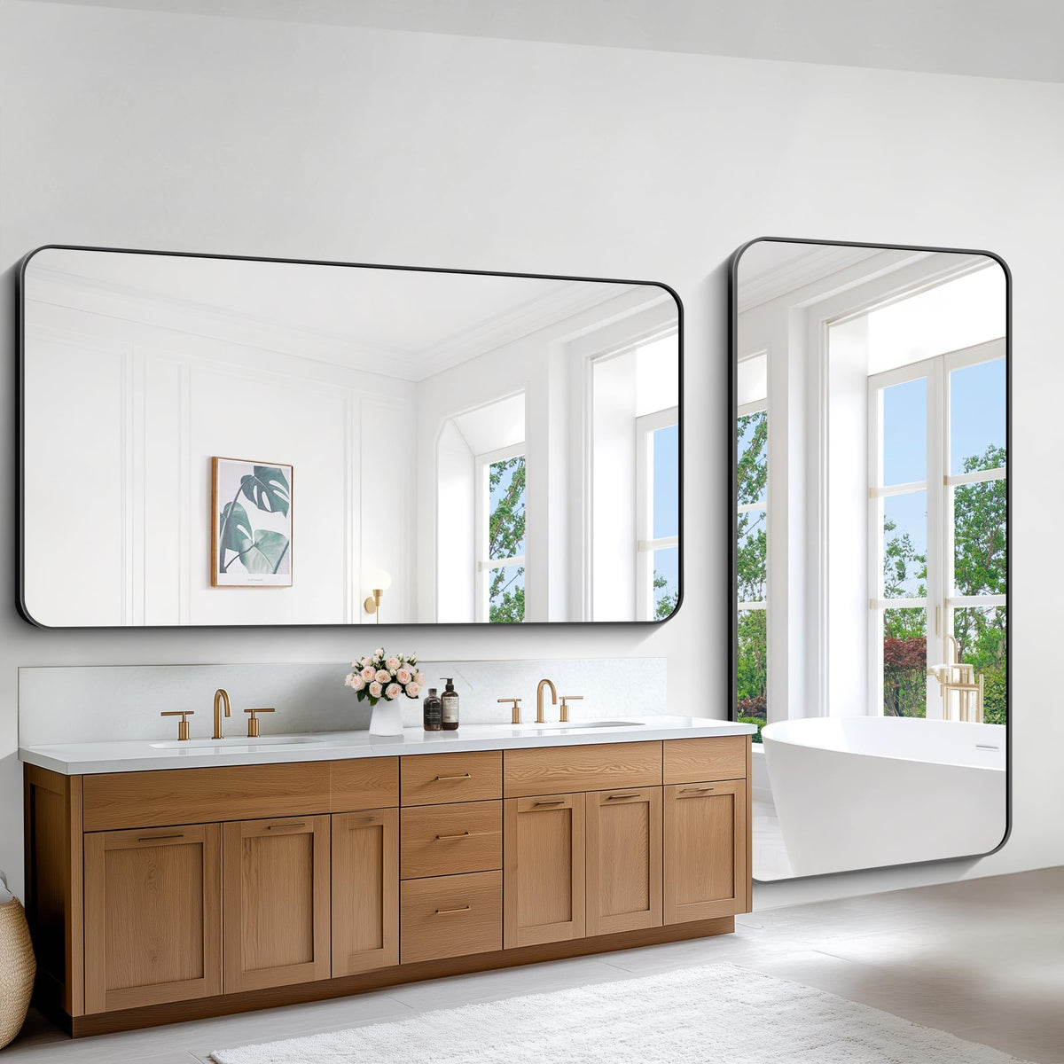 Large Bathroom Mirror 72x36 inch, Black Rectangle Mirrors with Metal Frame, Rounded Corner Rectangular Mirror