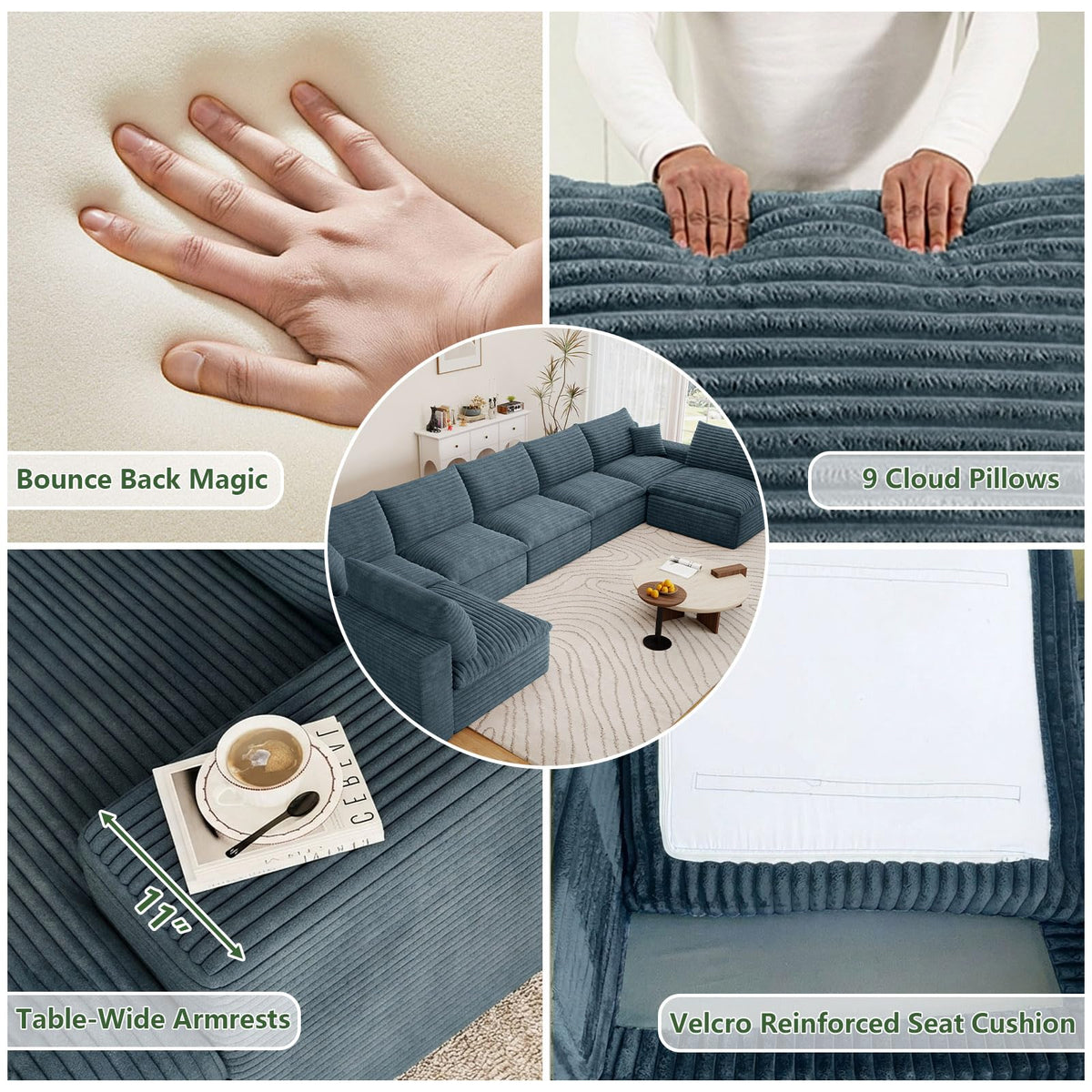 165" Cloud Couch Modular Sectional Sofa, U-Shape Boneless Couch with Deep Seat, Modern Corduroy 7-Seater, No