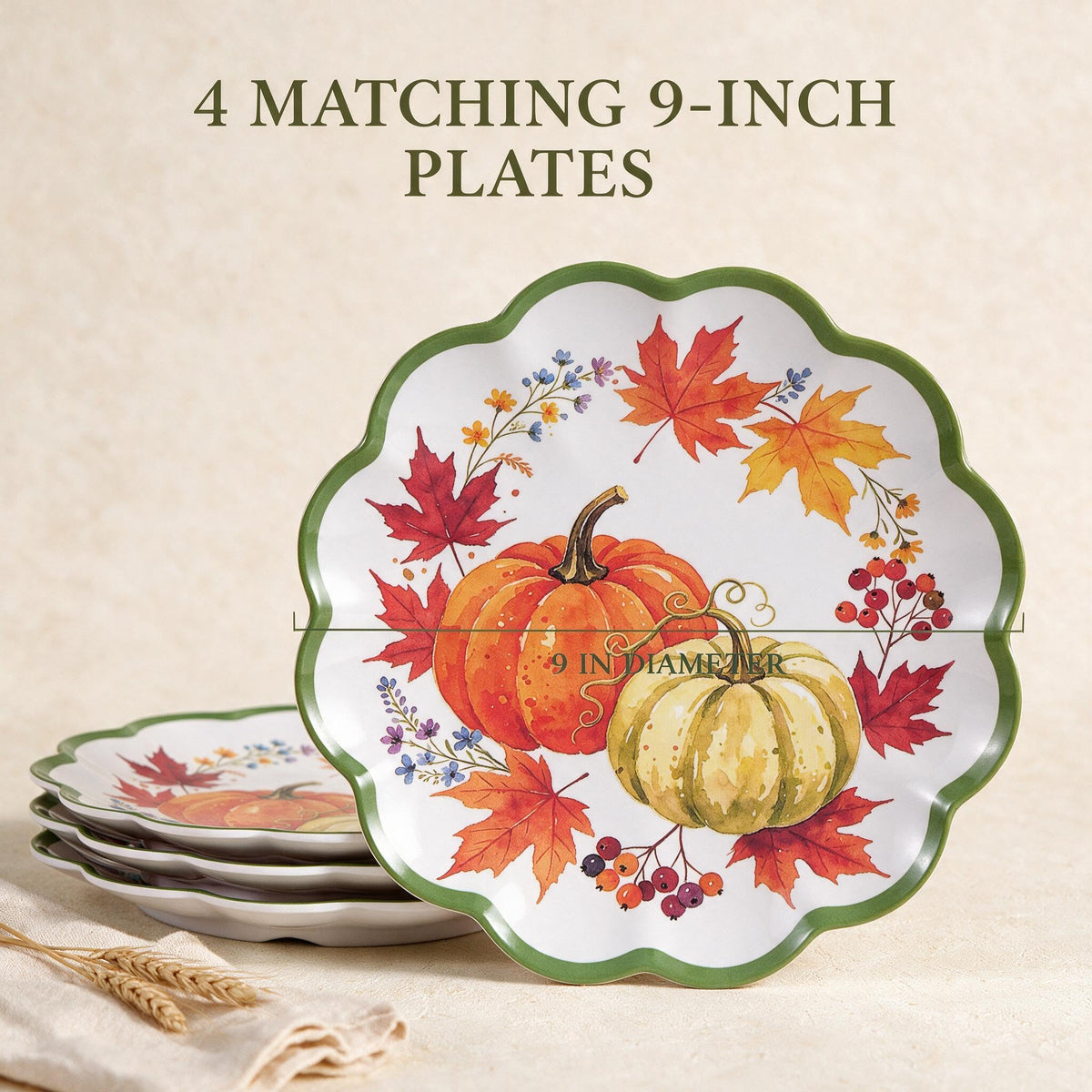 Fall Plates, 4 Pack 9 Inch Melamine Pumpkin Plates, Scalloped Rim