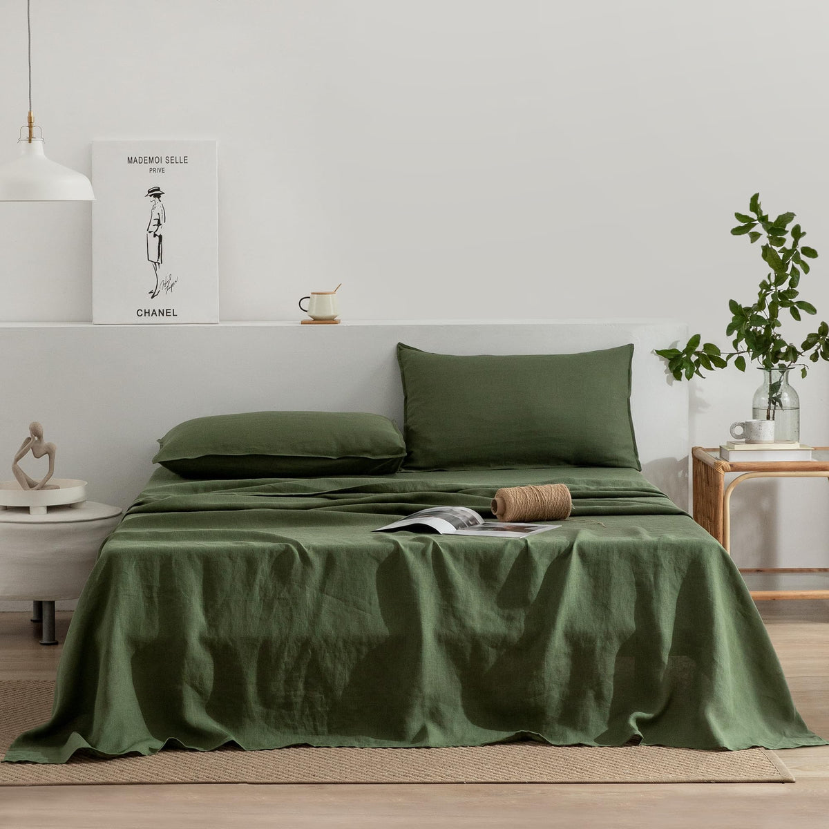 Linen Sheets Set, 100% Stonewashed French Linen Bed Sheets Deep Pocket Sheets, 4 Pieces (1 Flat Sheet, 1 Fitted