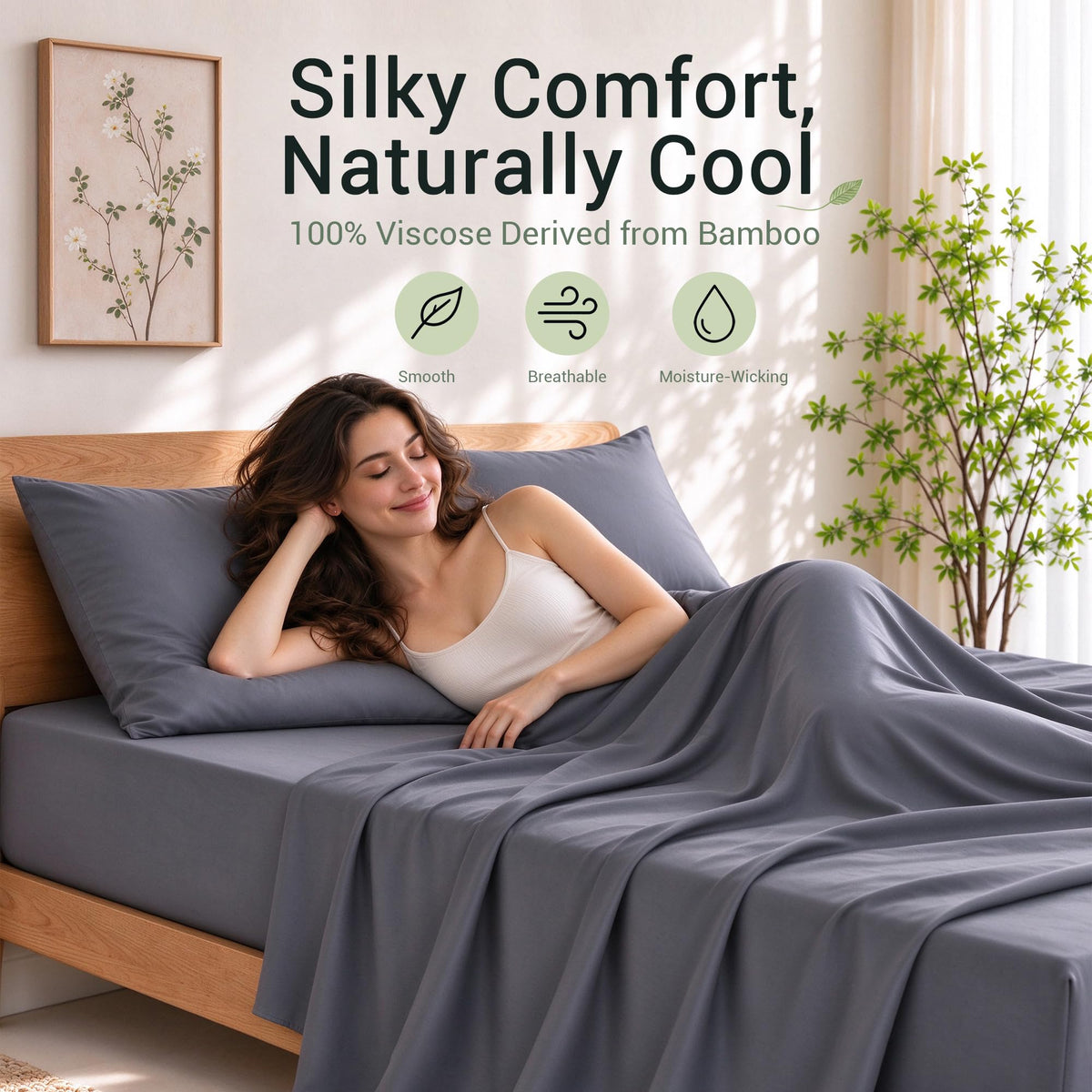 4-Piece Sheets, 100% Viscose Derived from Bamboo, Dark Grey