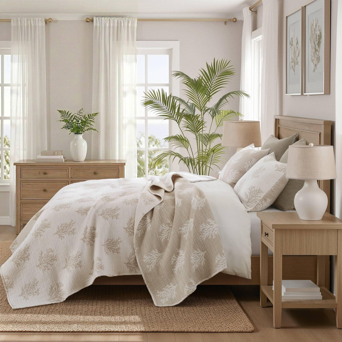 Cotton Quilt Set, Coastal Reversible Bedding, Linen