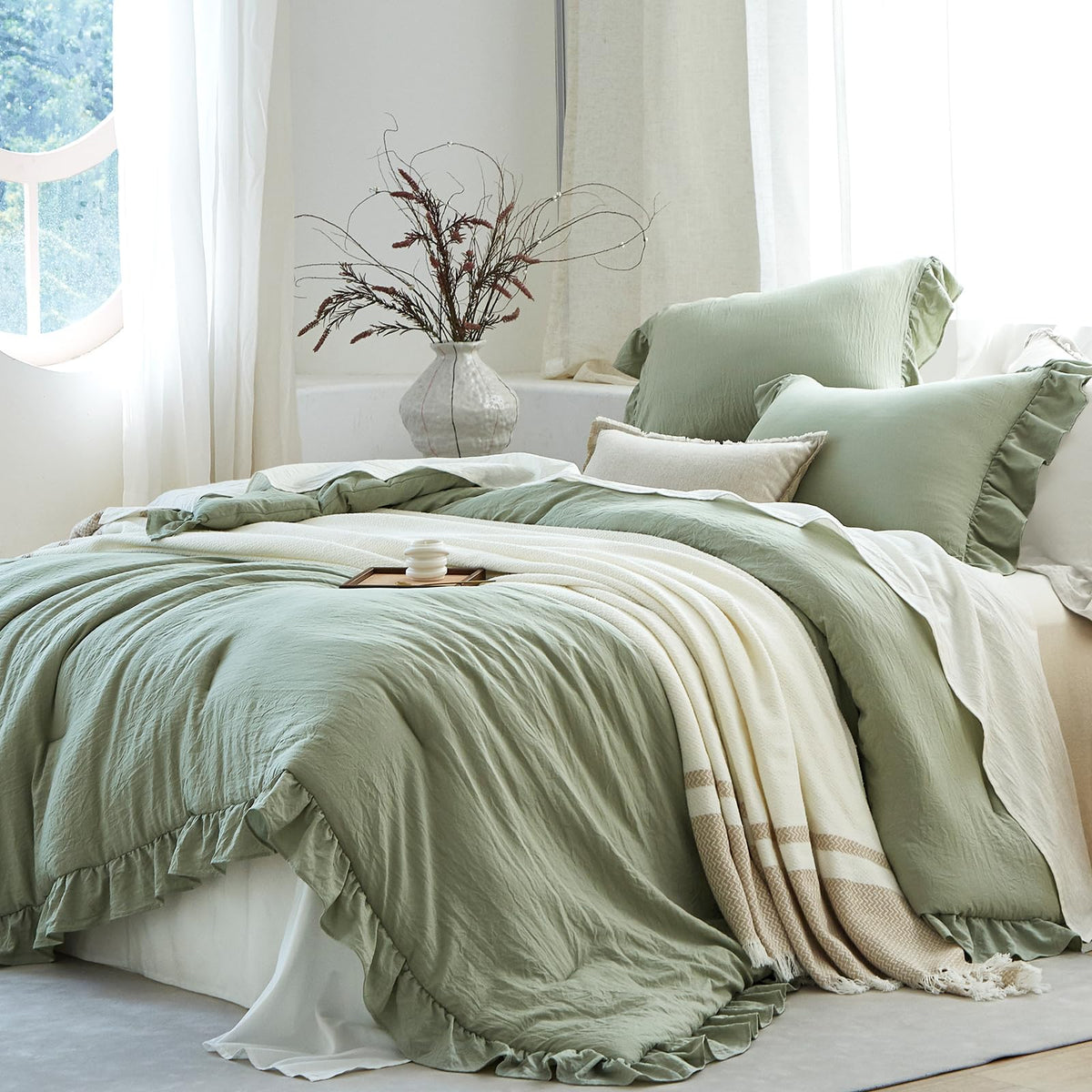 Sage Green Ruffle Comforter Set Shabby Chic Bedding Set