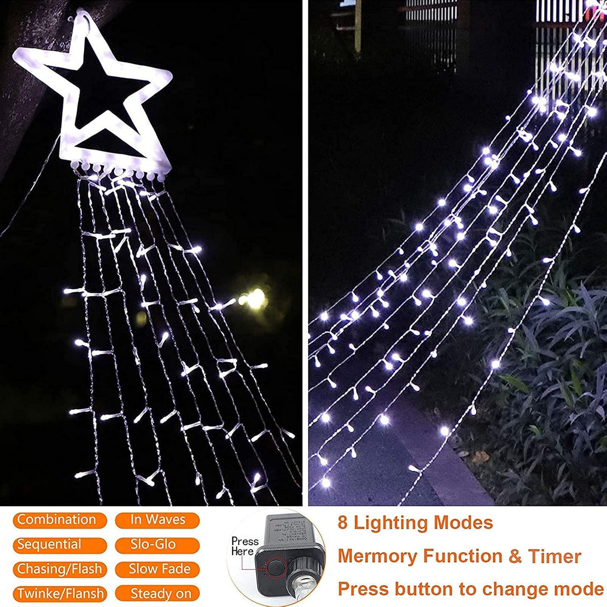 Christmas Decoration Lights, Outdoor Christmas String Lights 320 LED 11.5Ft Waterfall Tree Light with Big Star Topper