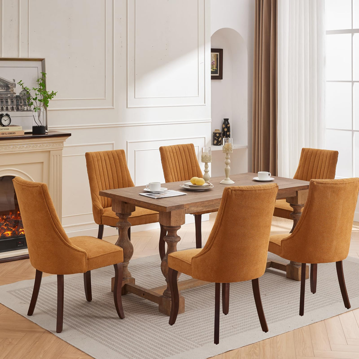 Gold Fabric Upholstered Dining Chairs Set of 6, Curved Solid Wood Legs