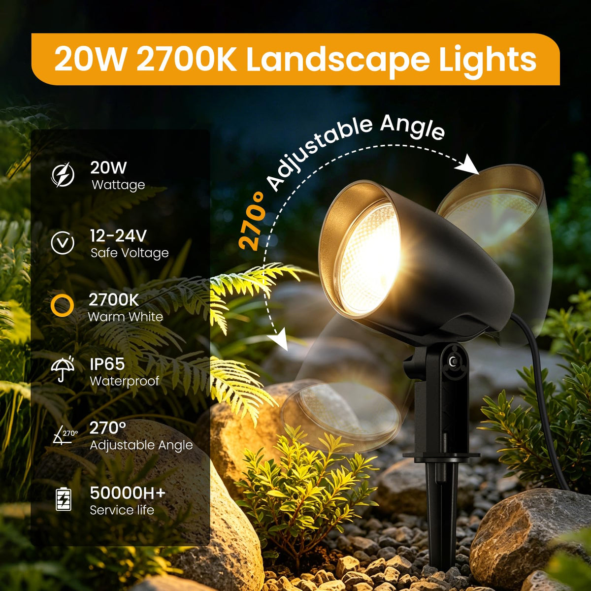 20W Low Voltage Landscape Lighting Kit, 2700K Outdoor Spotlight 6Pack