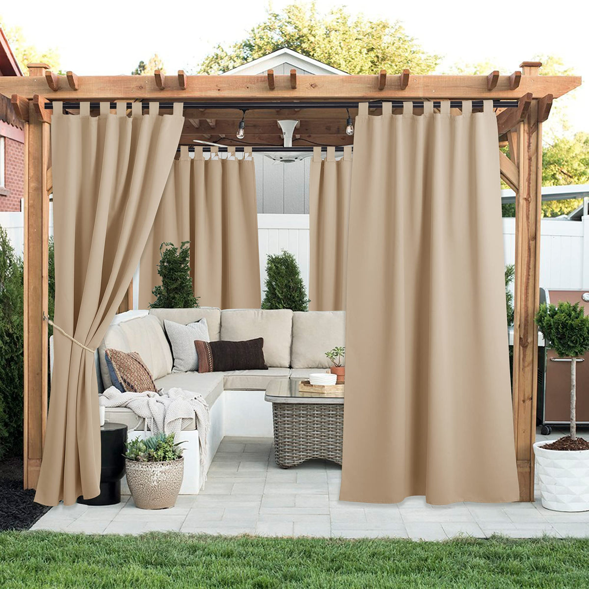 2 Pieces Outdoor Curtainss Waterproof Clearance, Room Darkening Sticky Tab Top Thick Light Block Thermal Insulated