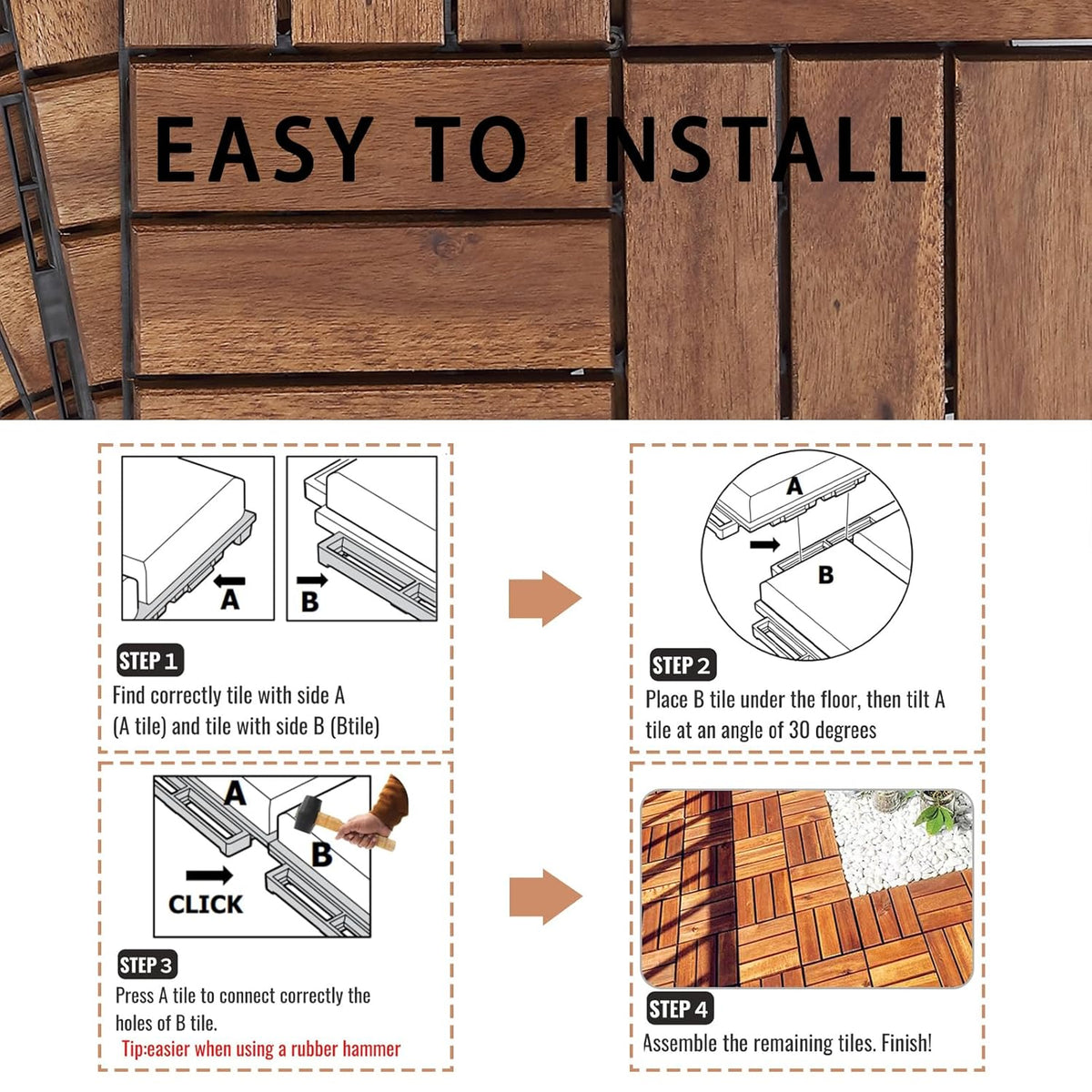 Deck Tiles - Pack of 10 Waterproof Acacia Wood Patio Tiles, Flooring Tile for Indoor and Outdoor - 12 x 12 inches