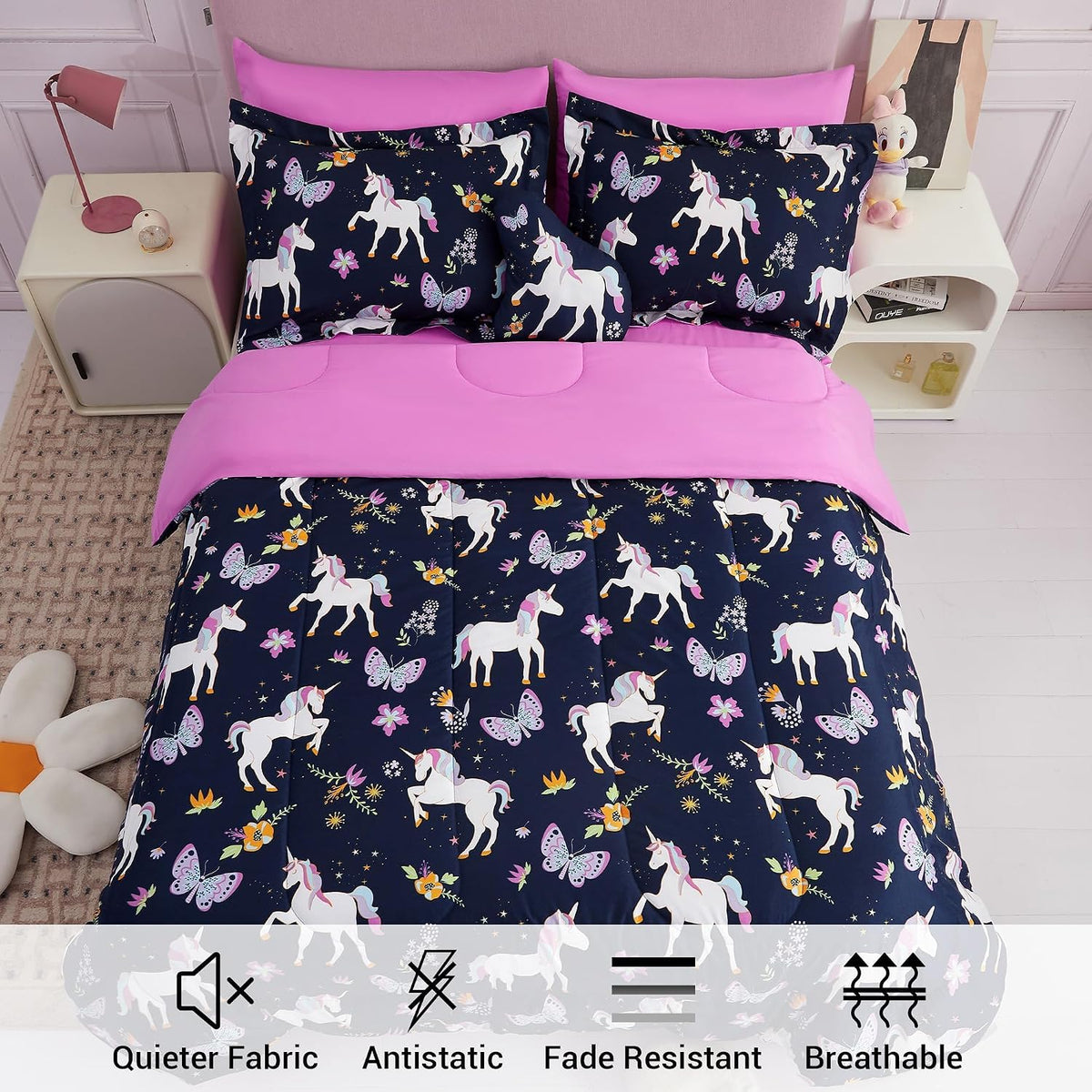 Kids Comforter Bed Set for Girls, 6 Pieces Bed in a Bag with Shams, Sheet Set, Pink Unicorn Soft Microfiber