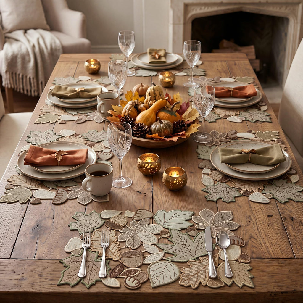 Fall Placemats Set of 6, Embroidered Maple Leaf Table Mats, 11 x 17 Inch