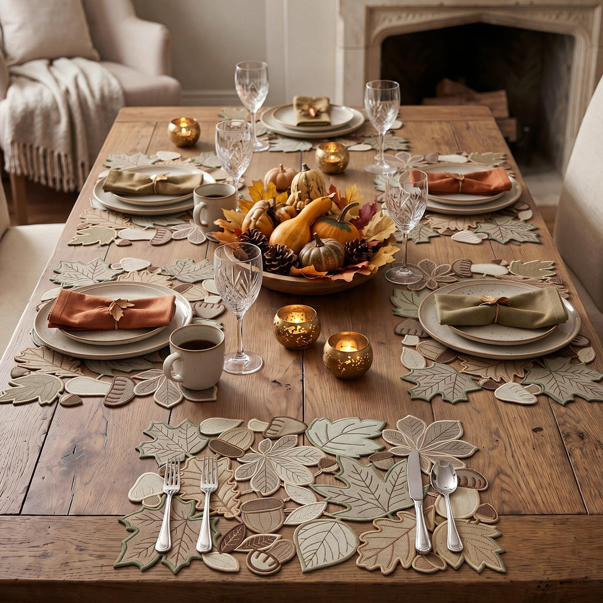 Fall Placemats Set of 6, Embroidered Maple Leaf Table Mats, 11 x 17 Inch