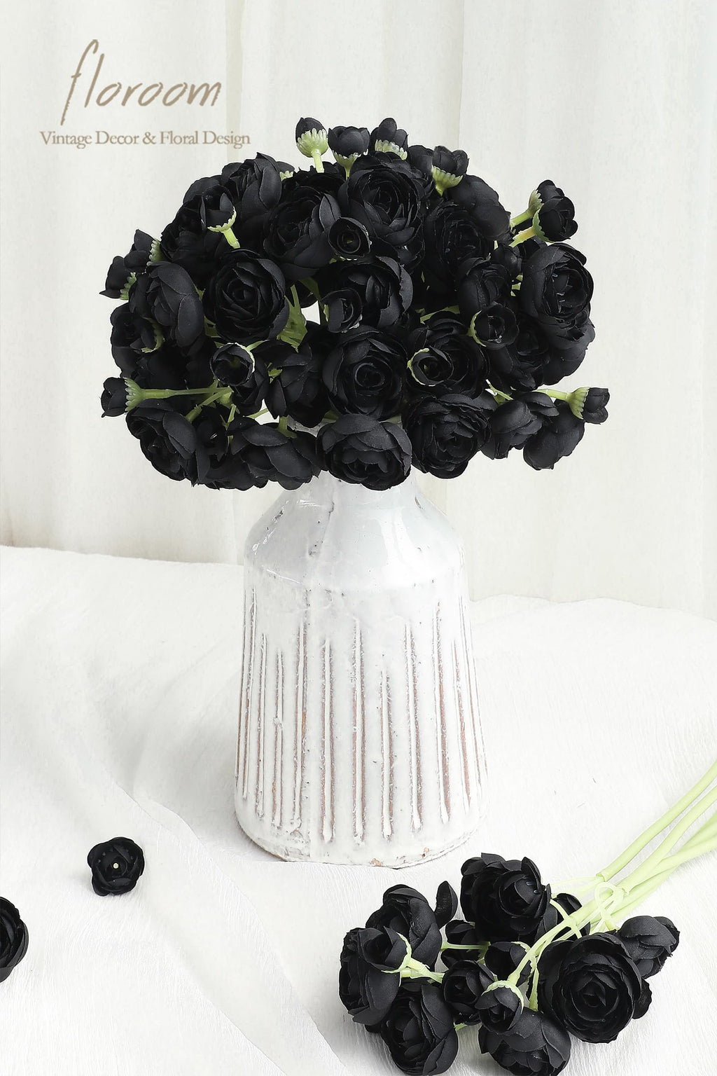 Ranunculus Artificial Flowers 18 Pcs Black Faux Silk Mini Ranunculus Bulk Fake Wedding Filler Flowers for DIY
