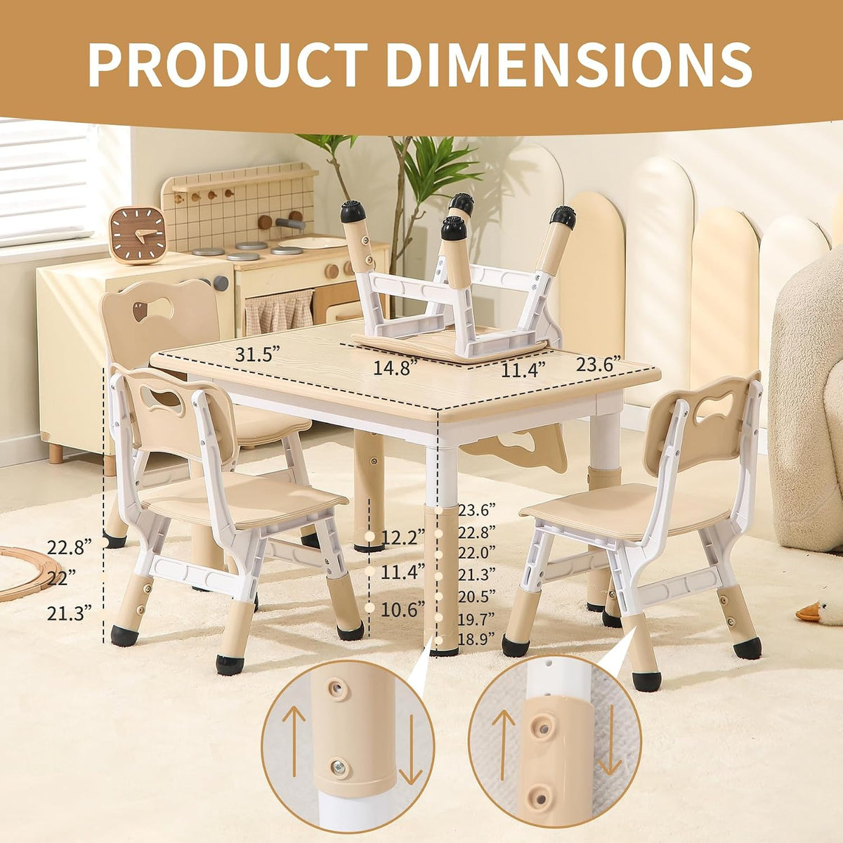 Toddler Table and Chairs, Kids Table and 4 Chairs Set with Graffiti Desktop, Height-Adjustable Kids Study Table