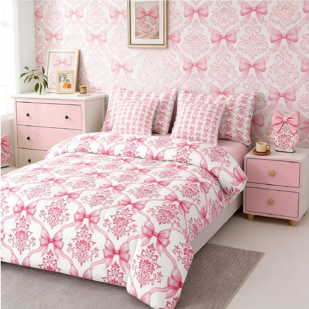 Pink Bow Decor Victorian Queen Comforter Set with Sheets | Antique Damask 7-Piece Bedding Set Gothic Baroque Floral