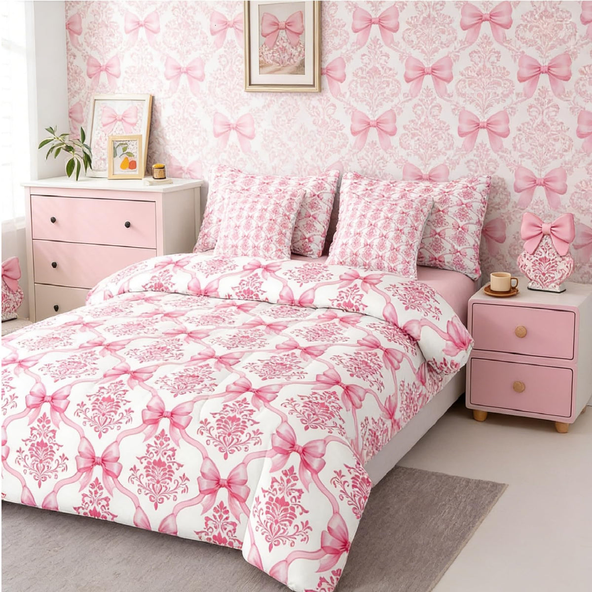 Pink Bow Decor Victorian Queen Comforter Set with Sheets | Antique Damask 7-Piece Bedding Set Gothic Baroque Floral