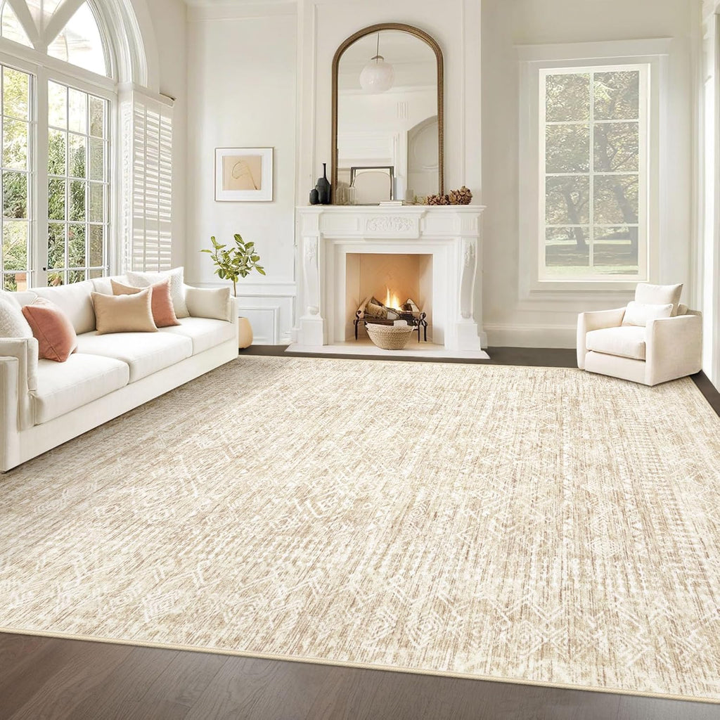Living Room Rugs: Washable Moroccan Geometric Boho Rug Farmhouse Non Slip Stain Resistant Large Rug Low Pile