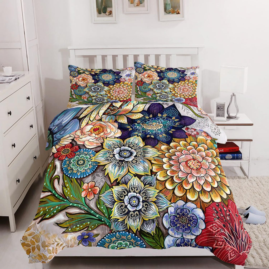 3 Piece Boho Floral Bedding Set, Colorful Flowers Comforter Set, Bohemian Reversible Down Alternative Bed Sets, Twin