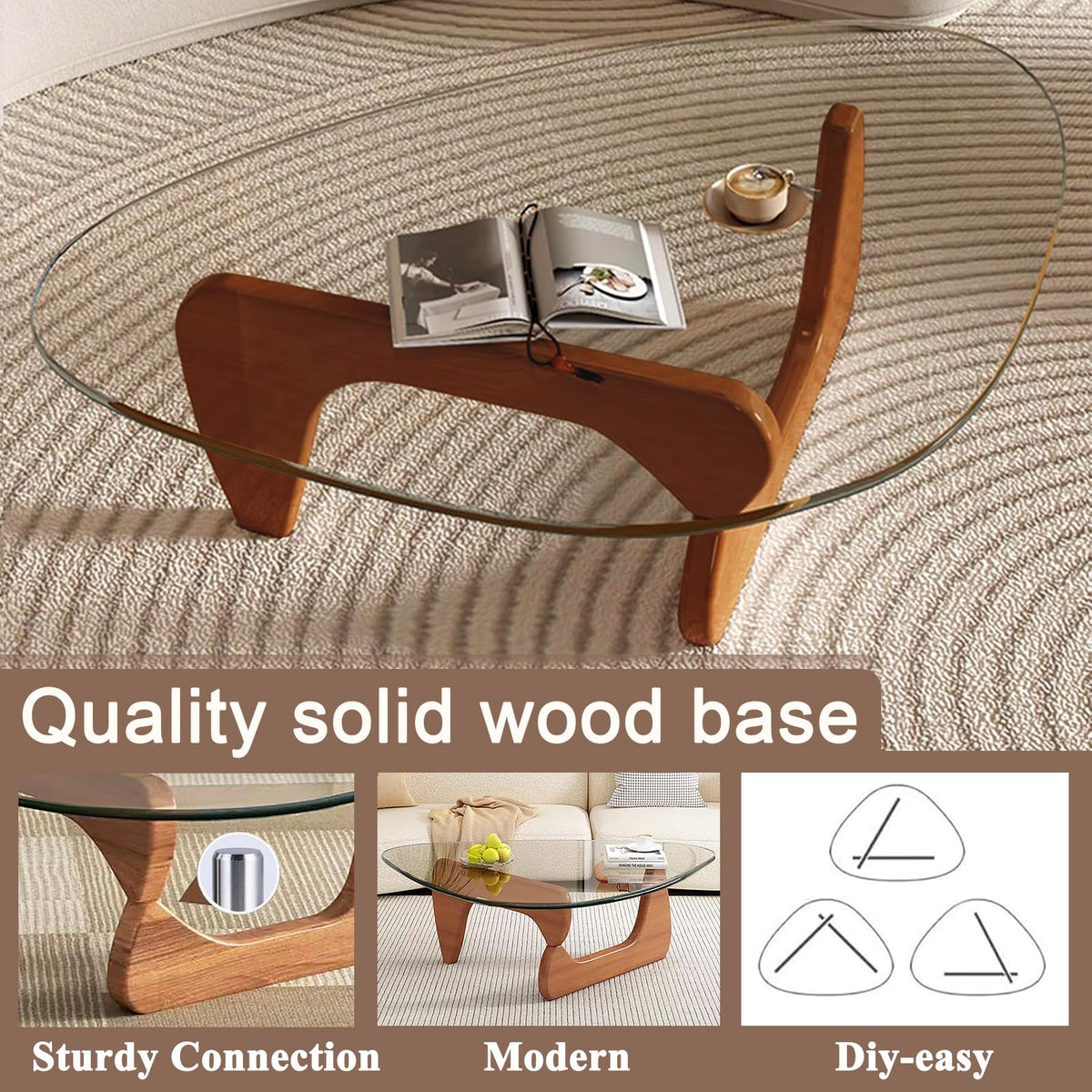 Inspired Noguchi Style Mid Century Modern Glass Coffee Table, Coffee Table, Triangle Coffee Tables, Suitable Living Room Reception Office