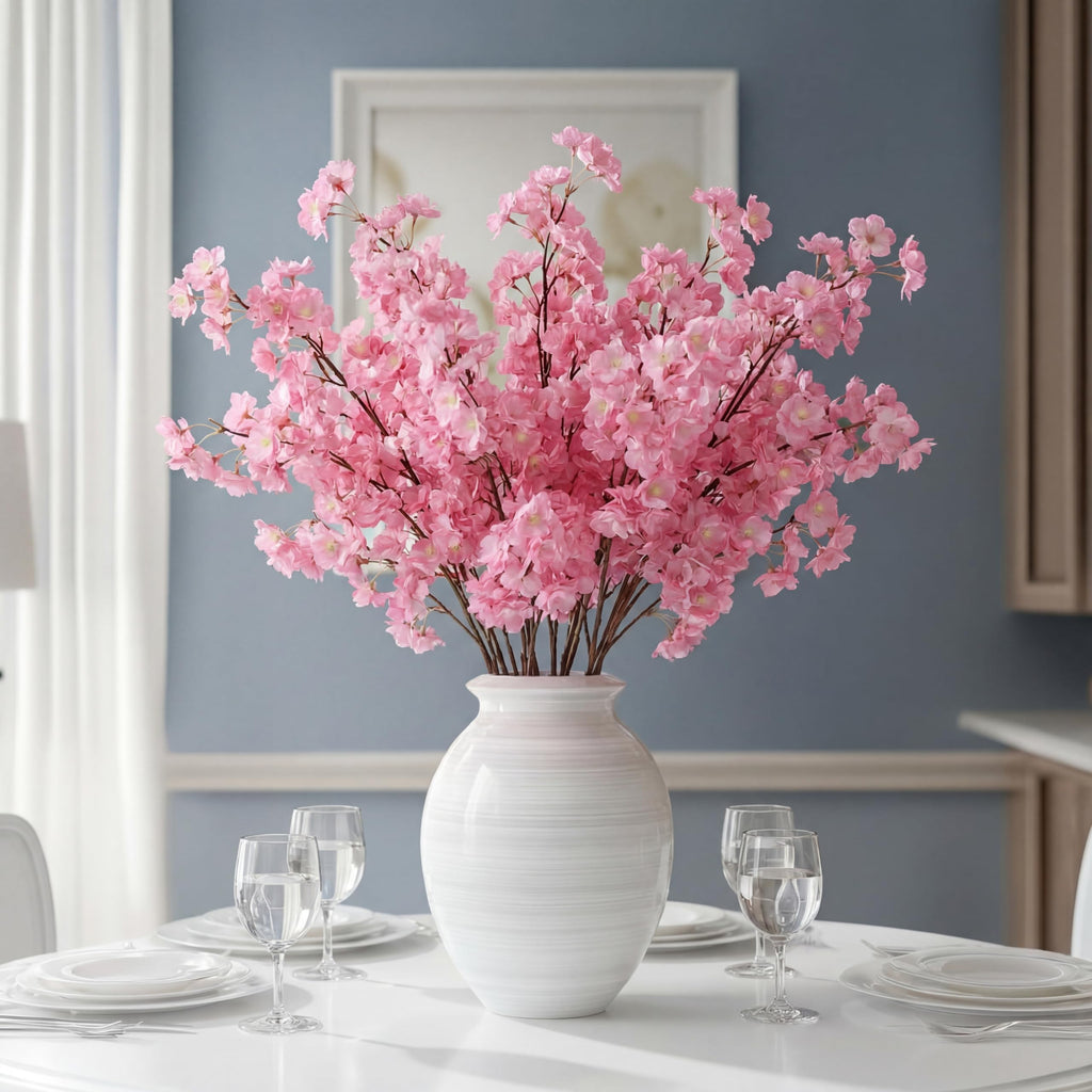 6 Pcs Artificial Cherry Blossom Branches Silk, Deep Pink, Classic