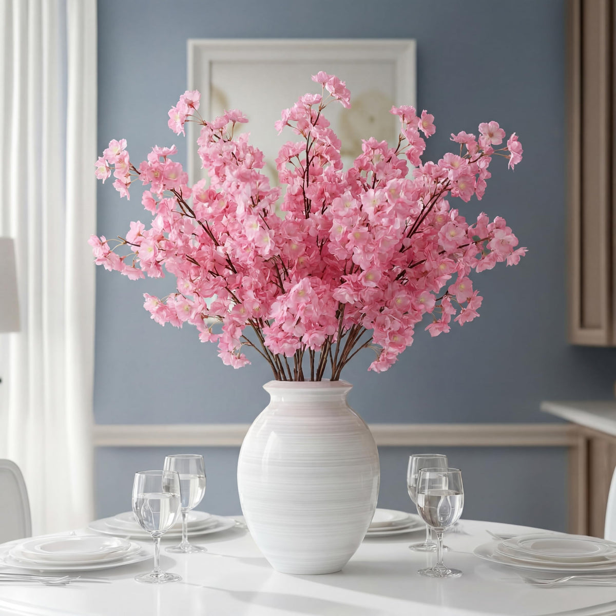 6 Pcs Artificial Cherry Blossom Branches Silk, Deep Pink, Classic