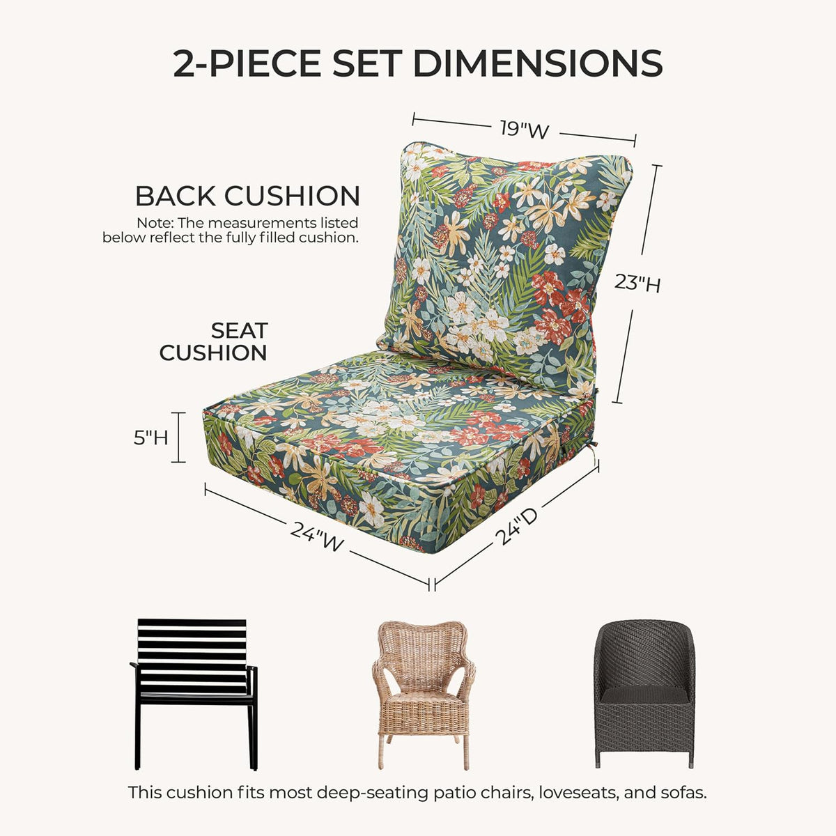 Outdoor Chairs Cushions with Back, Zippered Patio Back&Seat Cushion, 24" x 24" Waterproof Deep Seat Cushions