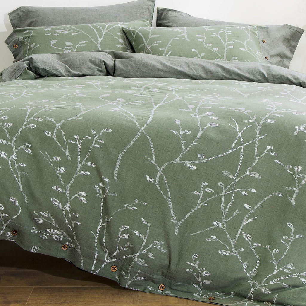 Duvet Cover Set Size Washed Cotton Yarn, Jacquard Green and White Thick Branch Pattern Floral Style 3Piece