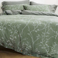 Duvet Cover Set Size Washed Cotton Yarn, Jacquard Green and White Thick Branch Pattern Floral Style 3Piece