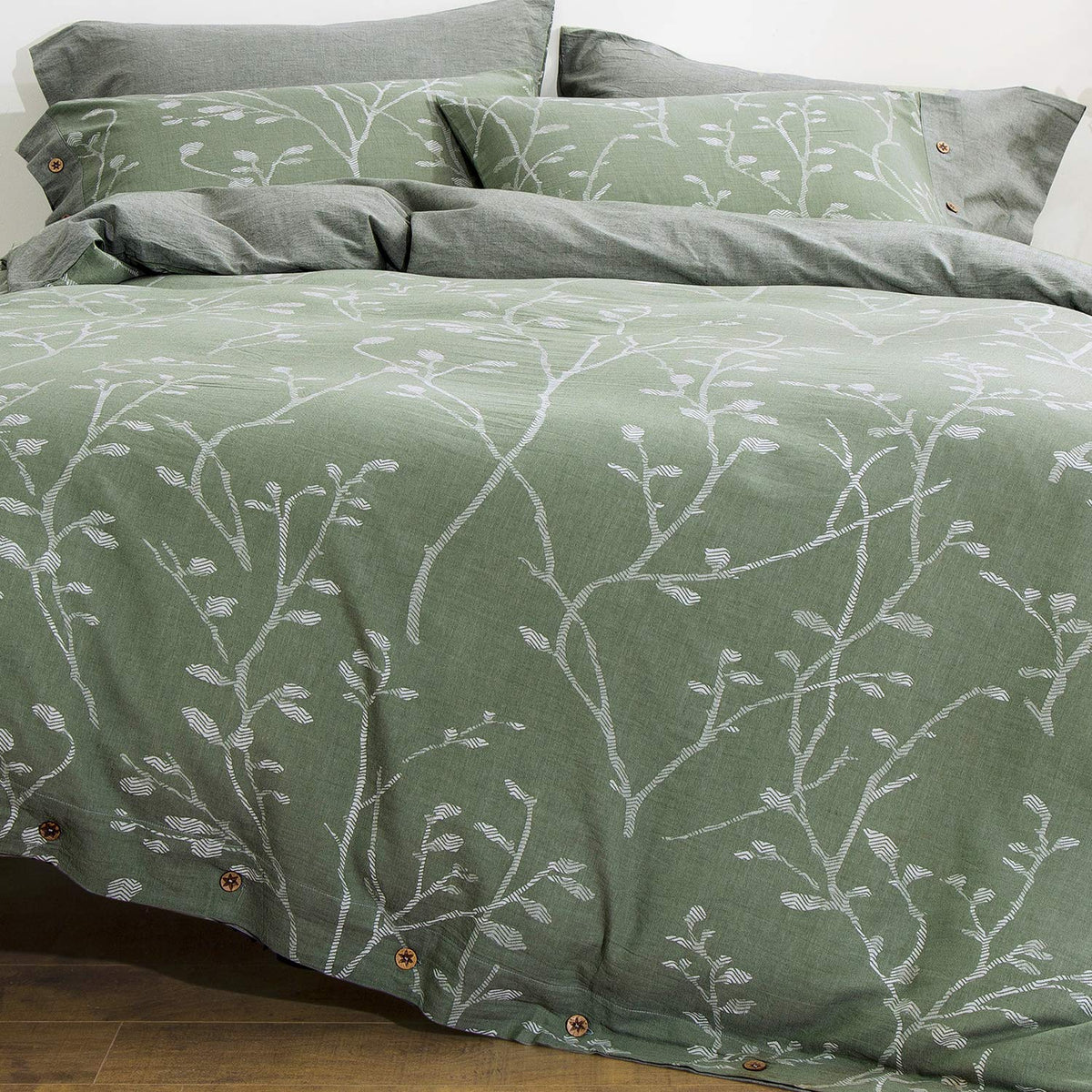 Duvet Cover Set Size Washed Cotton Yarn, Jacquard Green and White Thick Branch Pattern Floral Style 3Piece