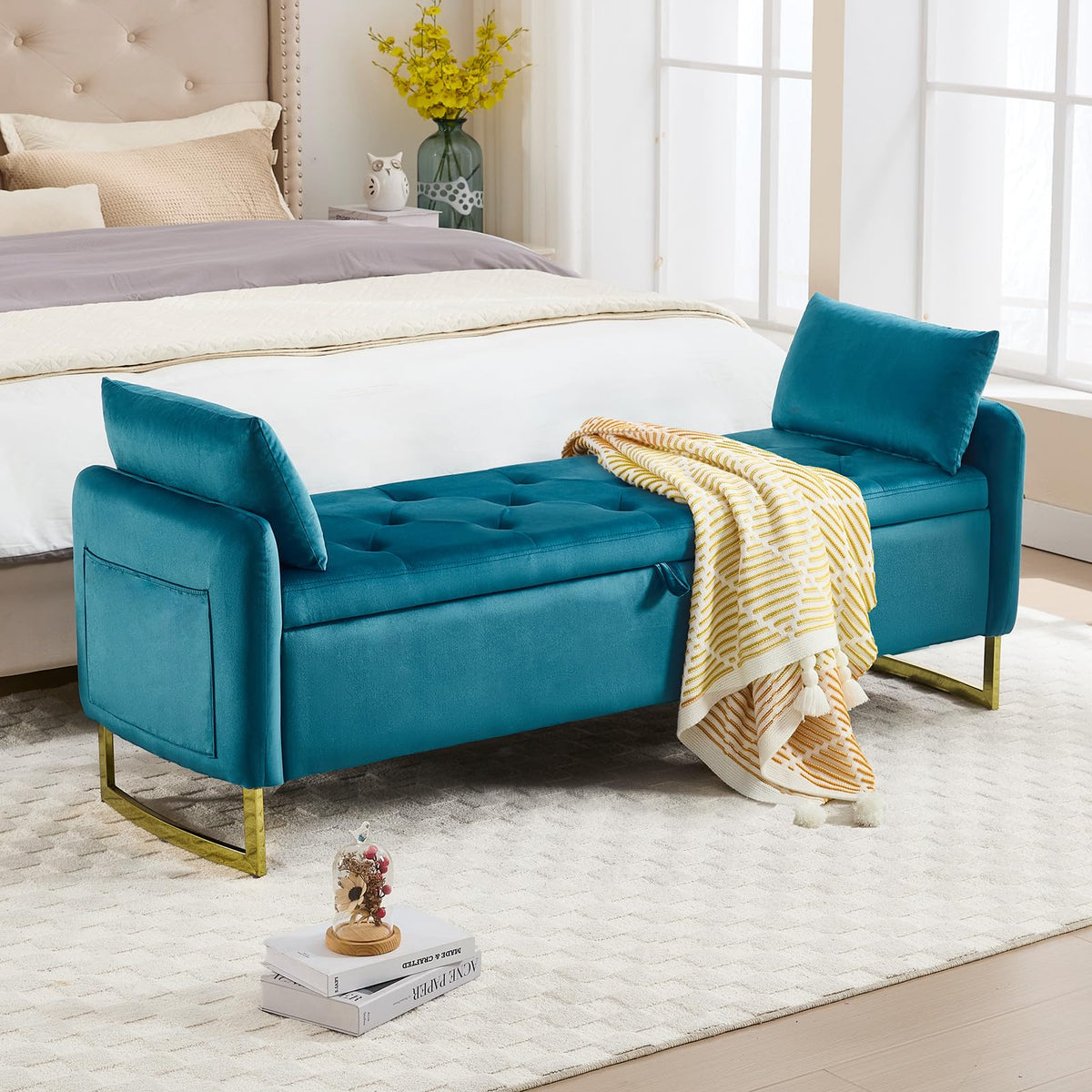 Storage Bench, 65 Inch End of Bed Bench Vintage Green